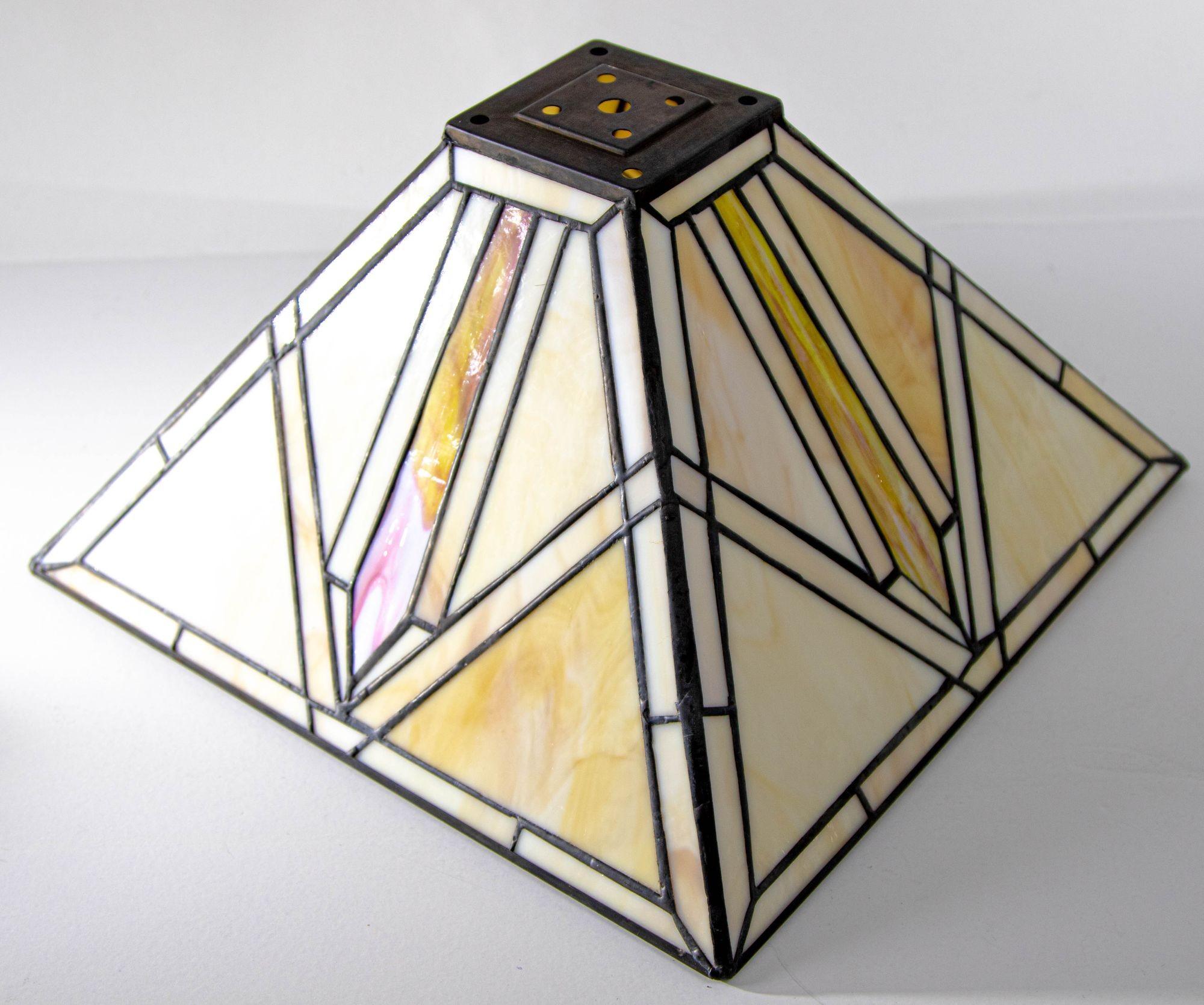 20th Century Vintage Arts and Crafts Mission Frank Lloyd Wright Style Stained Glass Shade For Sale