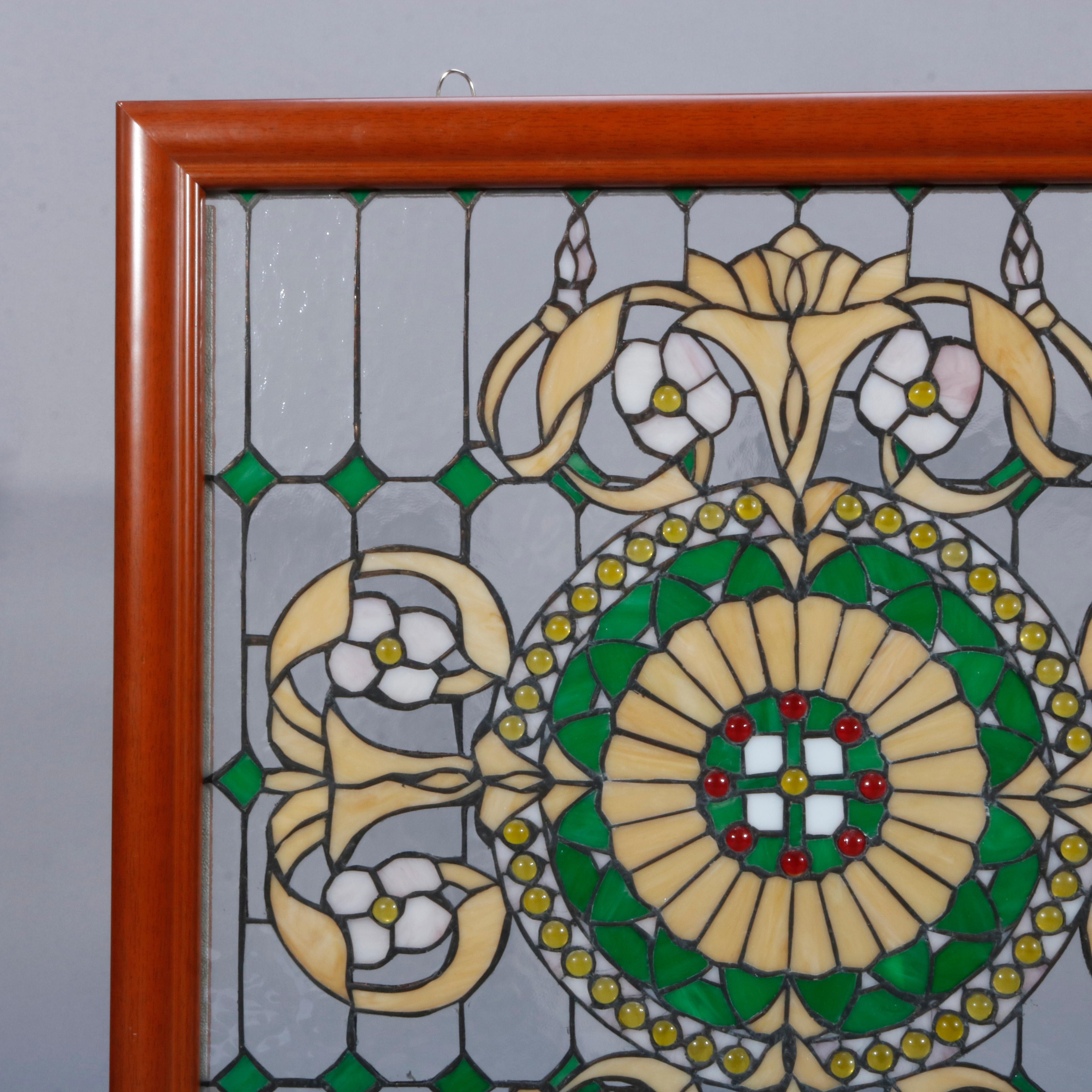 American Vintage Arts & Crafts Style Jeweled Leaded Glass Window, 20th Century