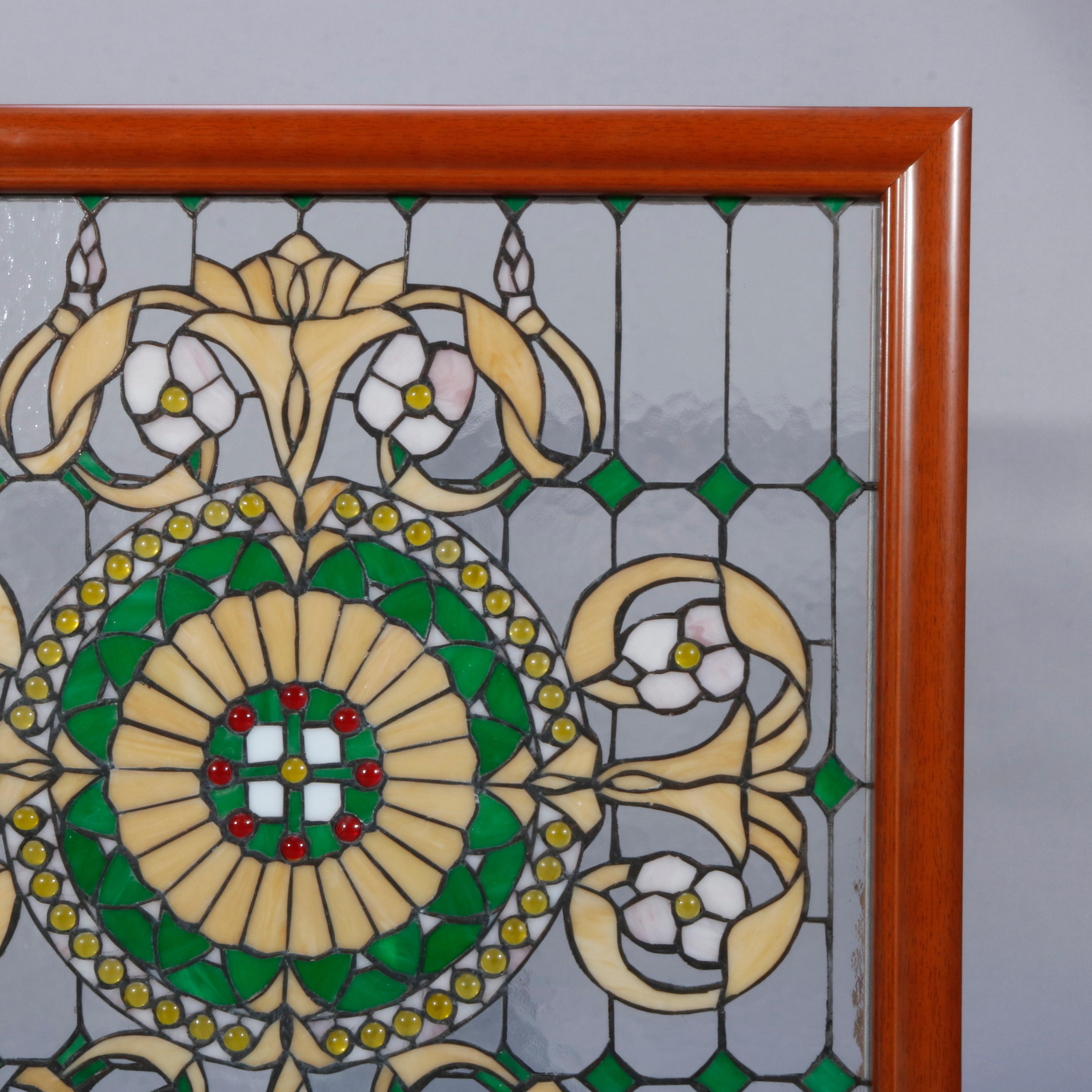 Vintage Arts & Crafts Style Jeweled Leaded Glass Window, 20th Century In Good Condition In Big Flats, NY