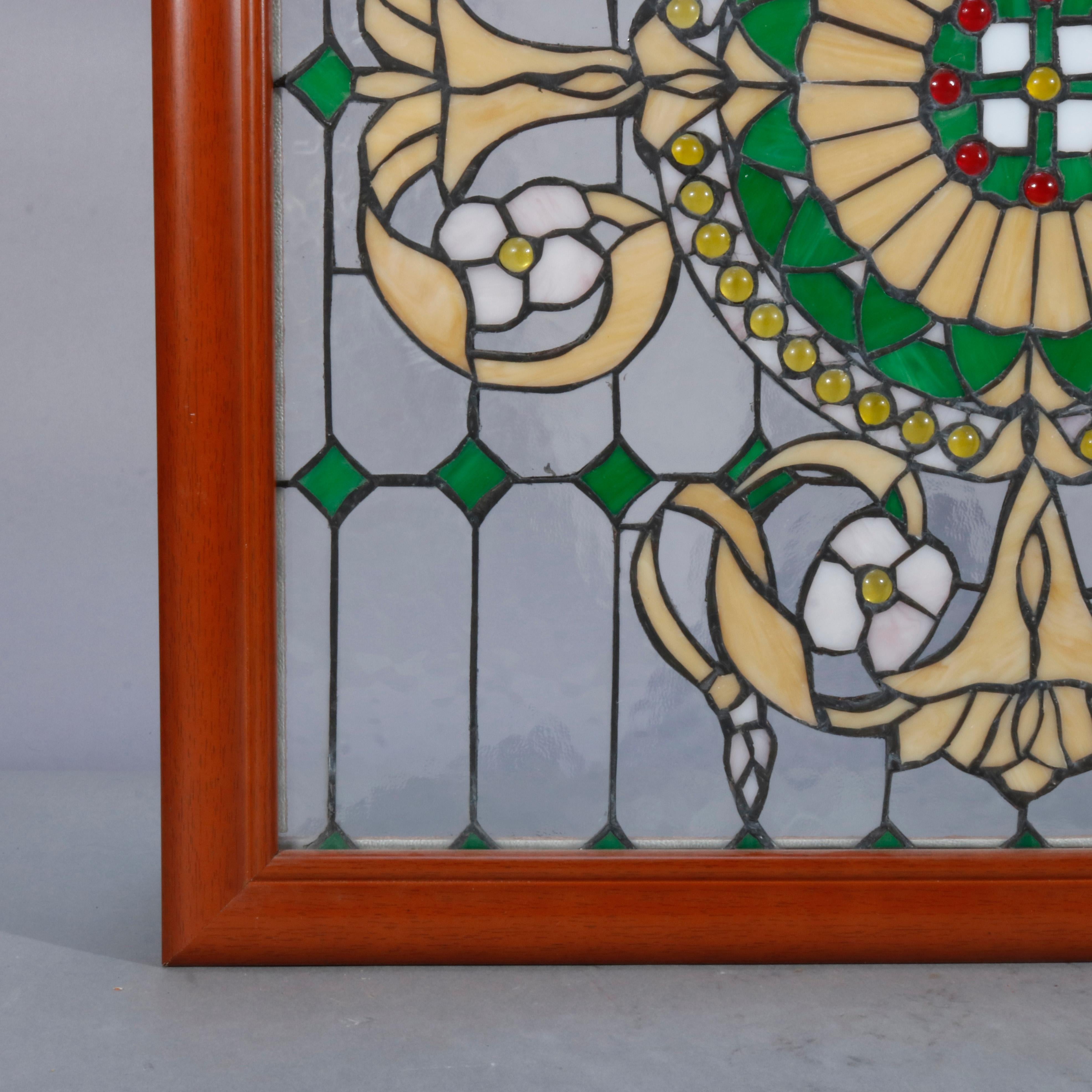 Vintage Arts & Crafts Style Jeweled Leaded Glass Window, 20th Century 1