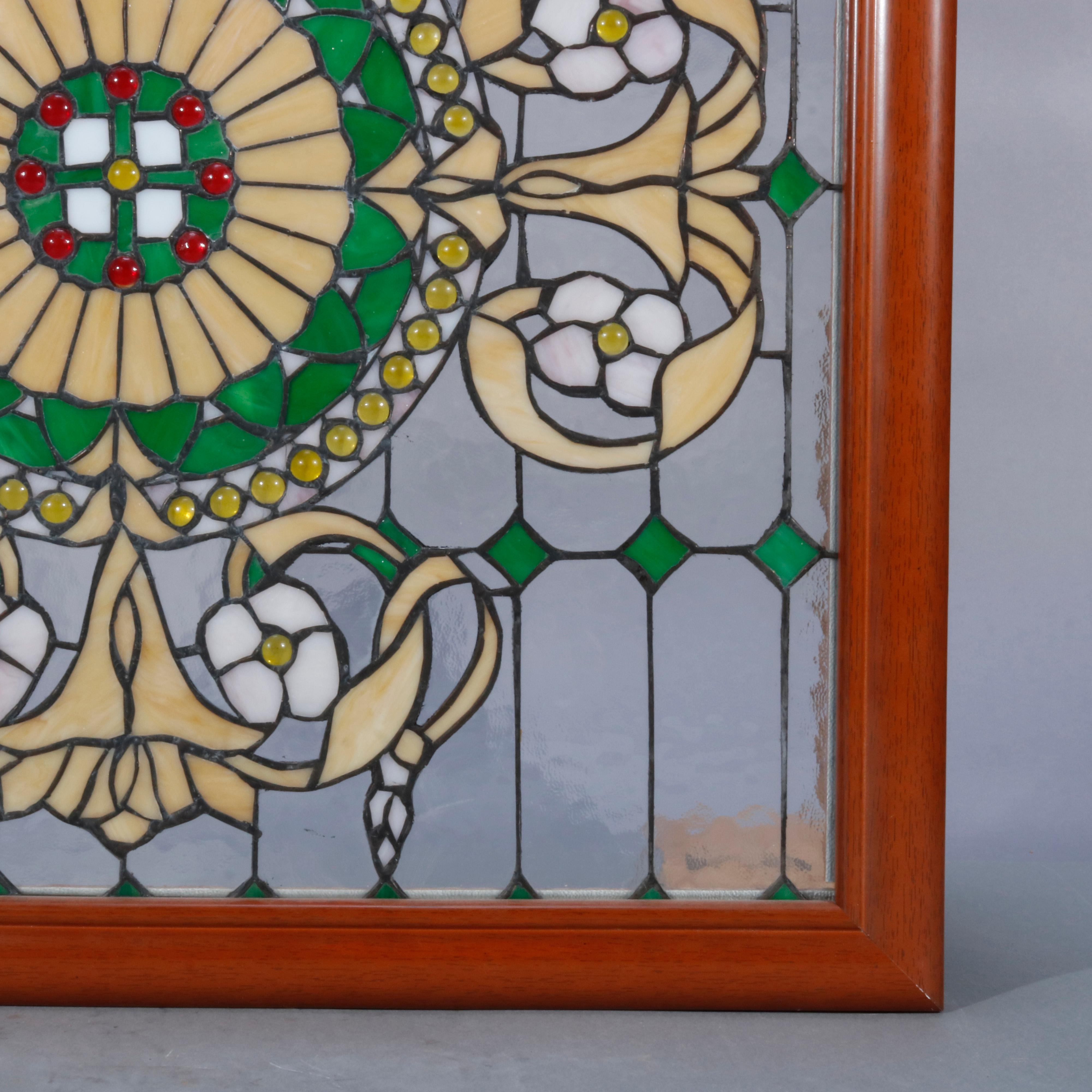 Vintage Arts & Crafts Style Jeweled Leaded Glass Window, 20th Century 2