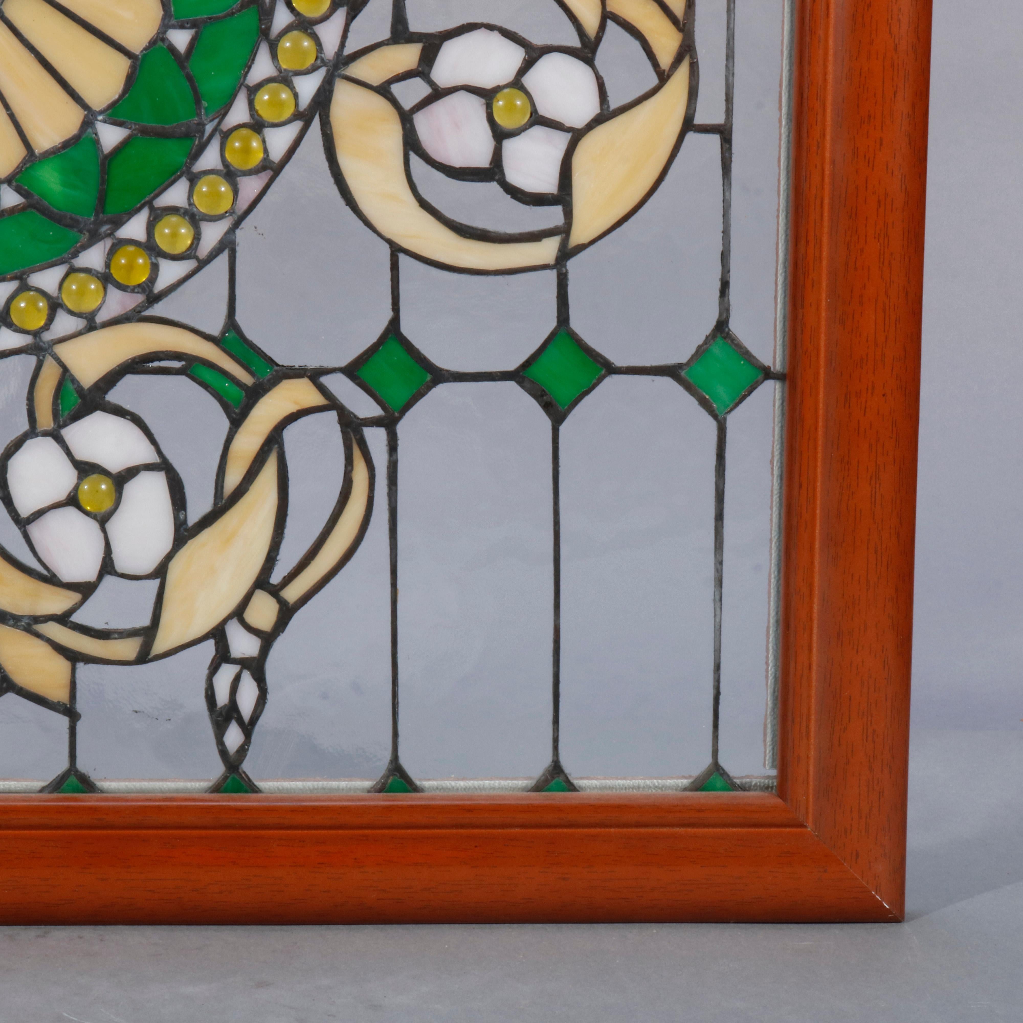 Vintage Arts & Crafts Style Jeweled Leaded Glass Window, 20th Century 3