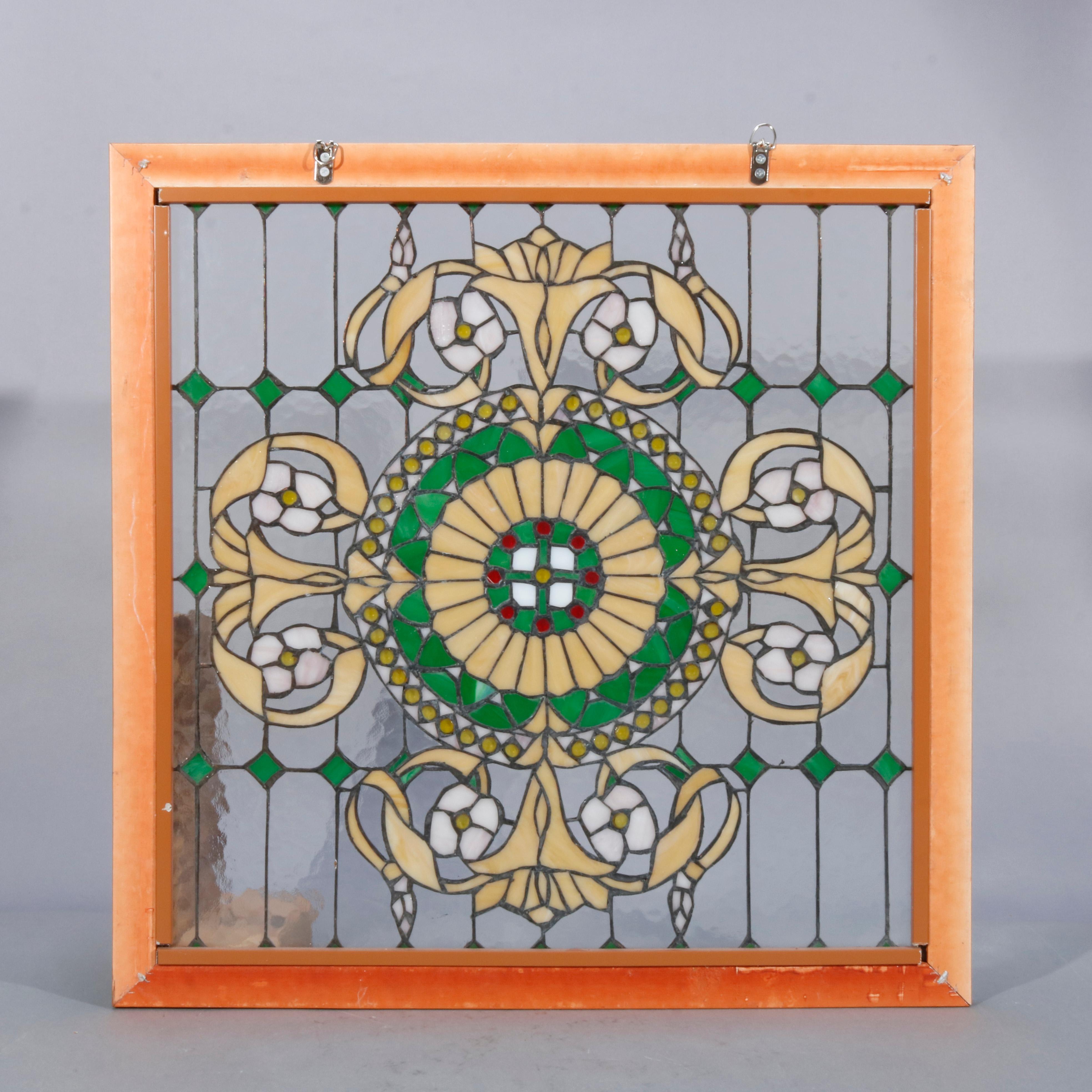 Vintage Arts & Crafts Style Jeweled Leaded Glass Window, 20th Century 4