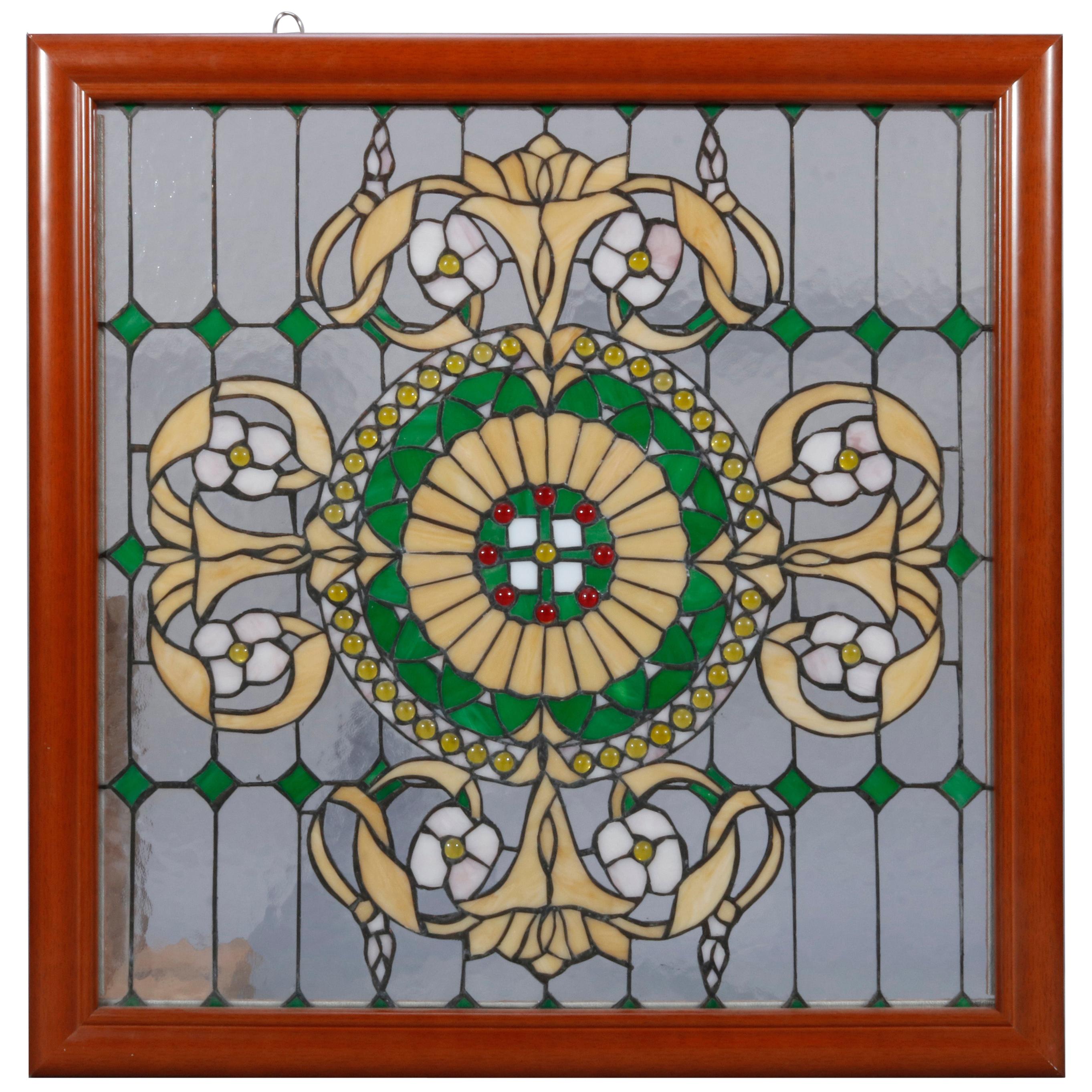 Vintage Arts & Crafts Style Jeweled Leaded Glass Window, 20th Century