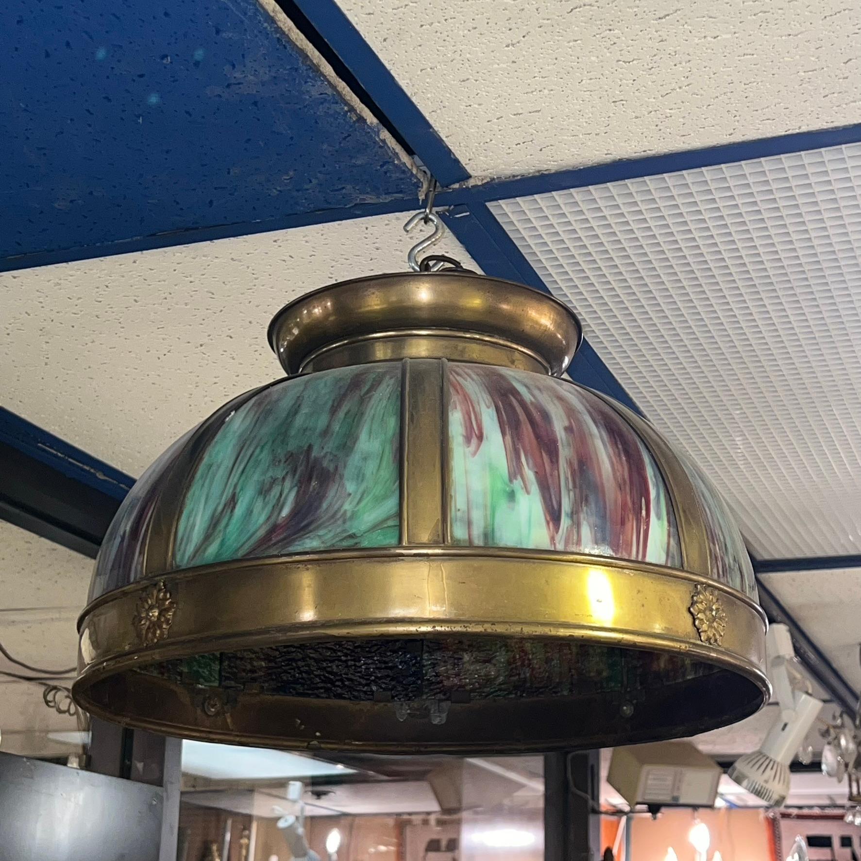 Vintage multi-colored glass and metal hanging lamp / chandelier in the Arts and Crafts style.  