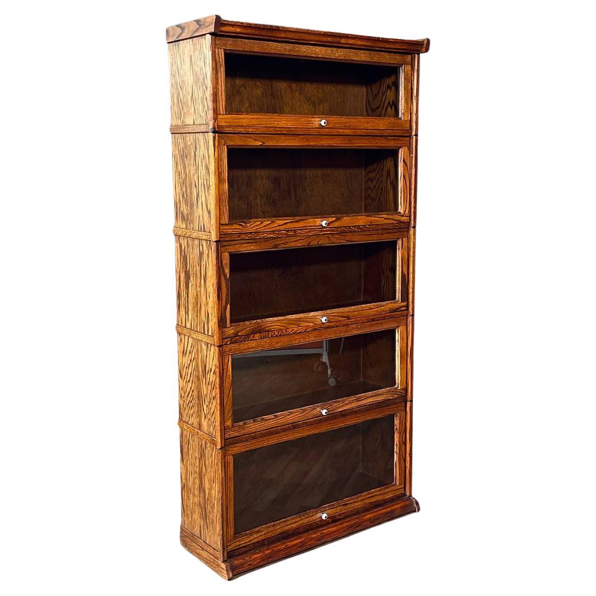 Vintage Arts & Craft Barristers Oak Bookcase w/ Glass Sliding Doors