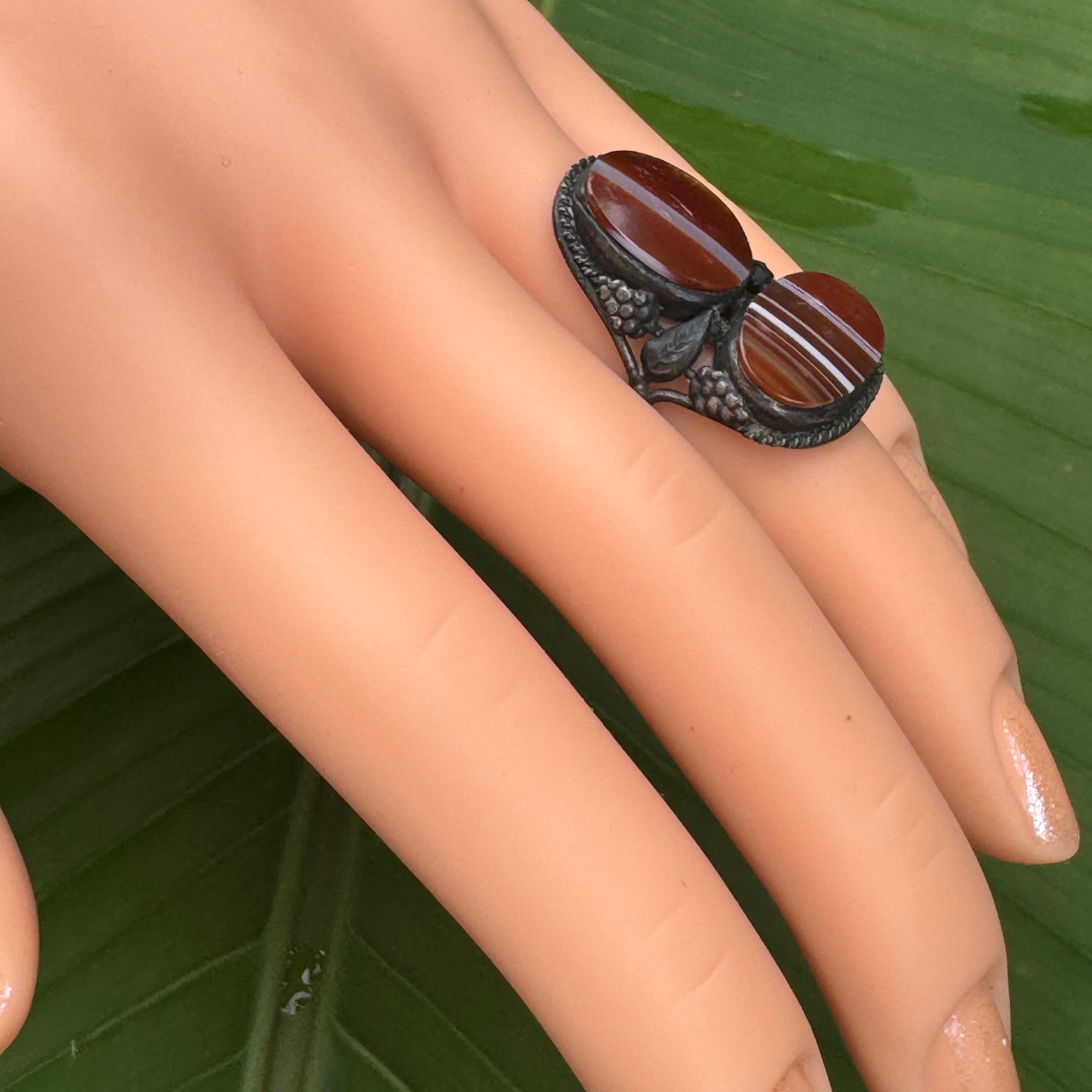 Vintage Arts & Crafts Art Nouveau Sterling Silver Banded Agate Ring: For Sale 3