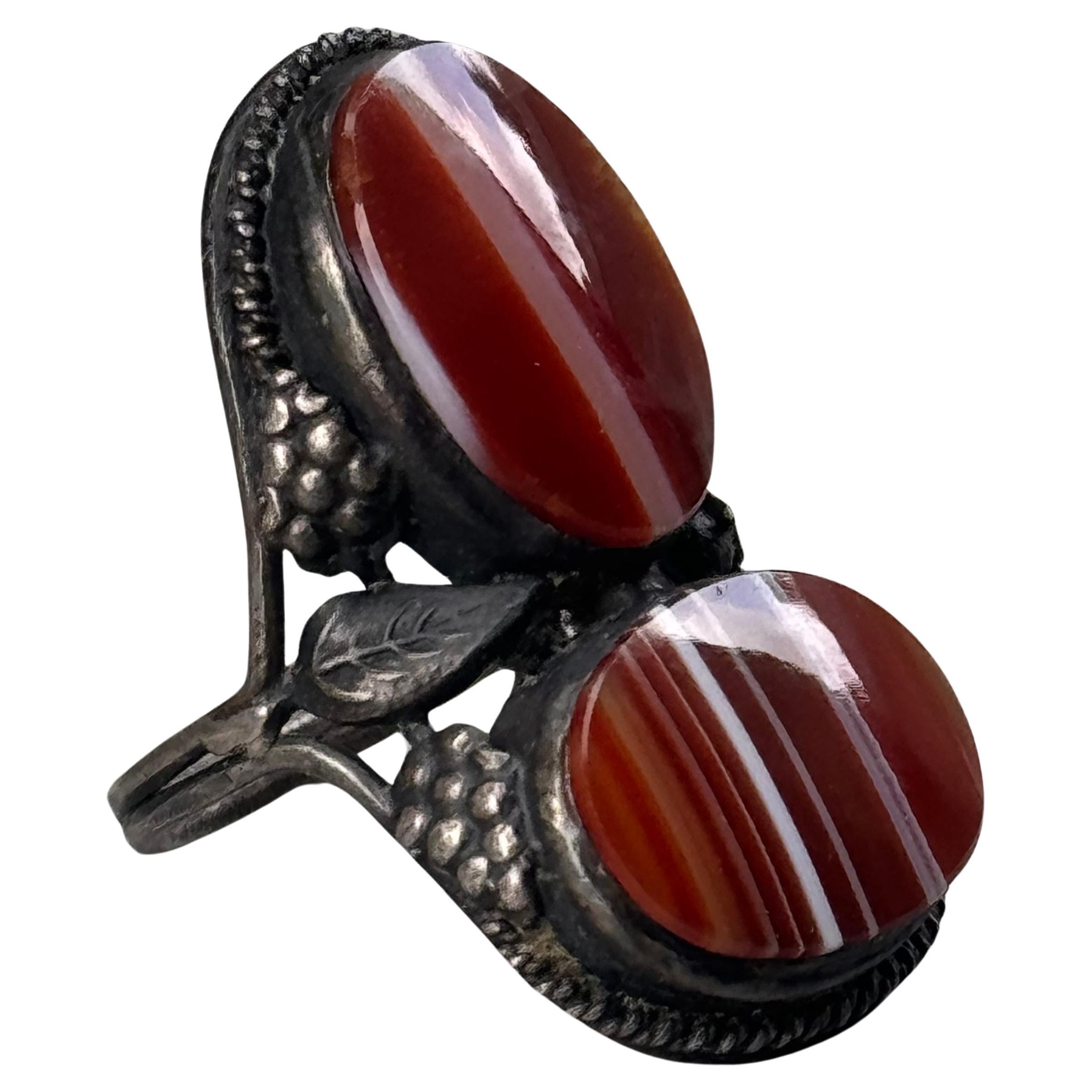 Bague vintage Arts & Crafts Art Nouveau en argent sterling avec bande d'agate :