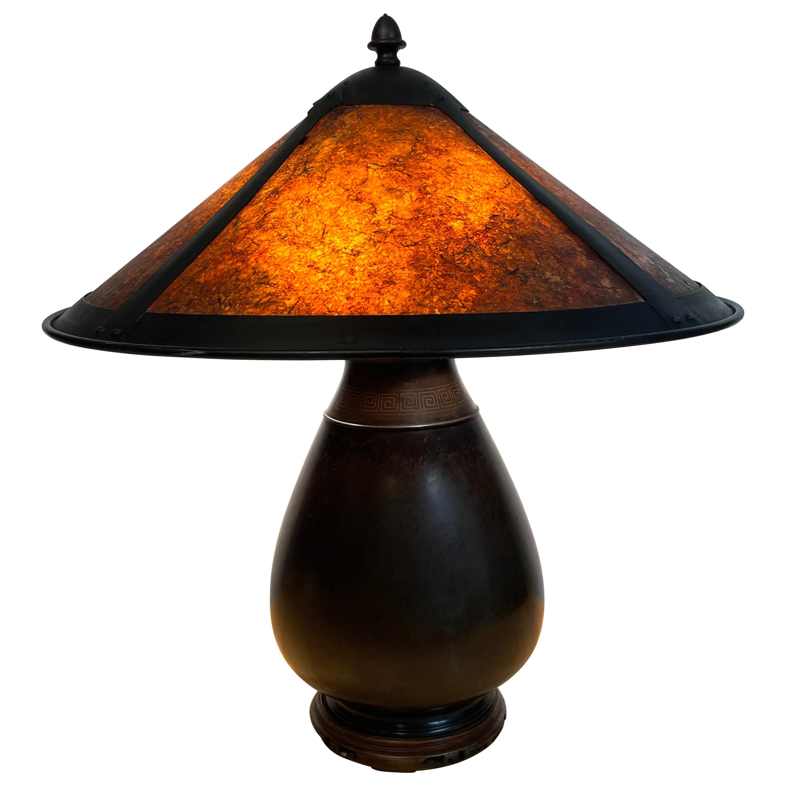 Vintage Arts & Crafts Bronze & Mica Shade Lamp, Style of Dirk Van Erp