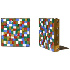 Vintage Arts & Crafts Copper and Glass Mosaic Bookends