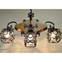 Vintage Arts & Crafts Gothic Style Wood Wrought Iron 3 Light Lantern Chandelier
