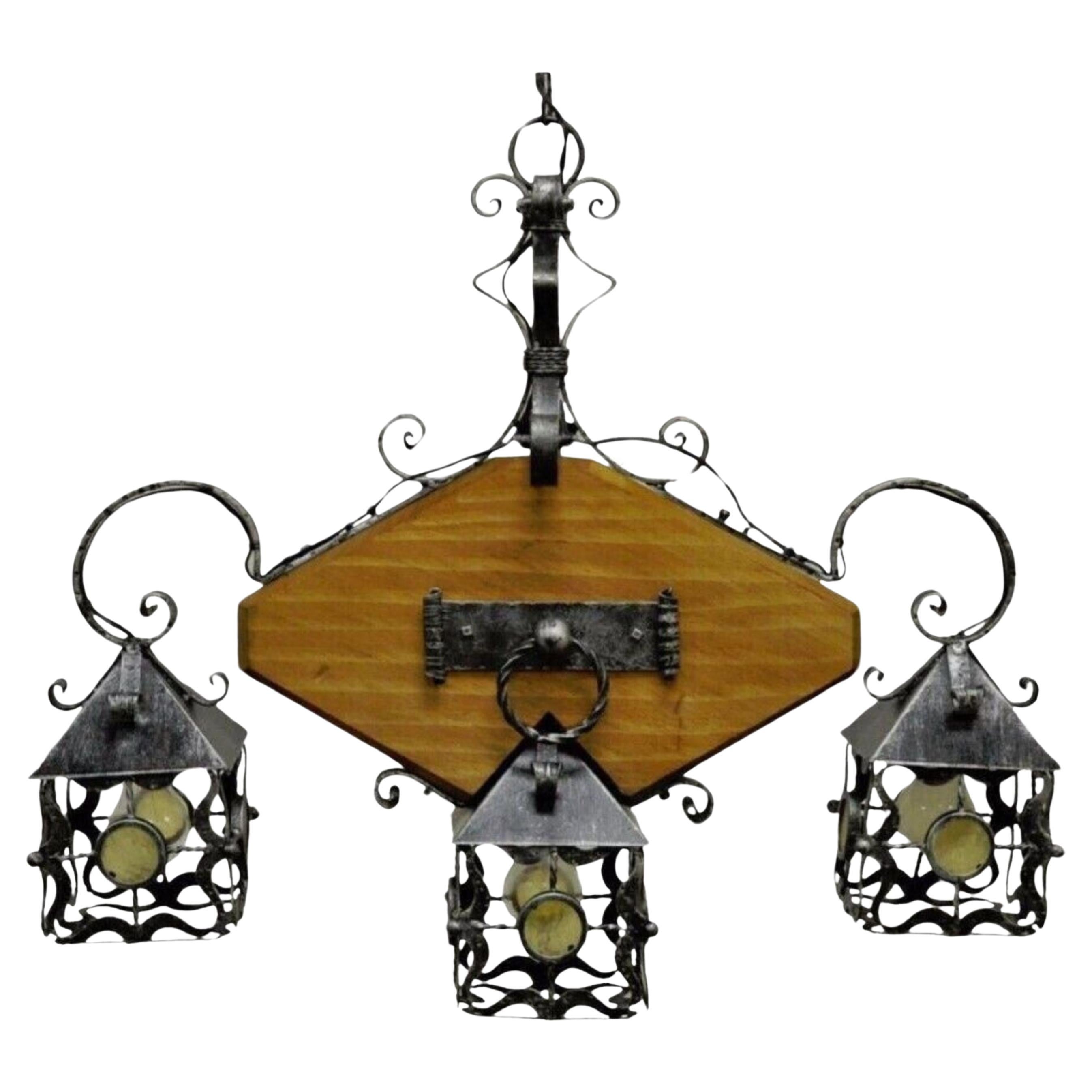 Vintage Arts & Crafts Gothic Style Wood Wrought Iron 3 Light Lantern Chandelier