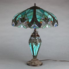 Vintage Arts & Crafts Leaded Slag and Jeweled Glass Tiffany Style Mosaic Lamp