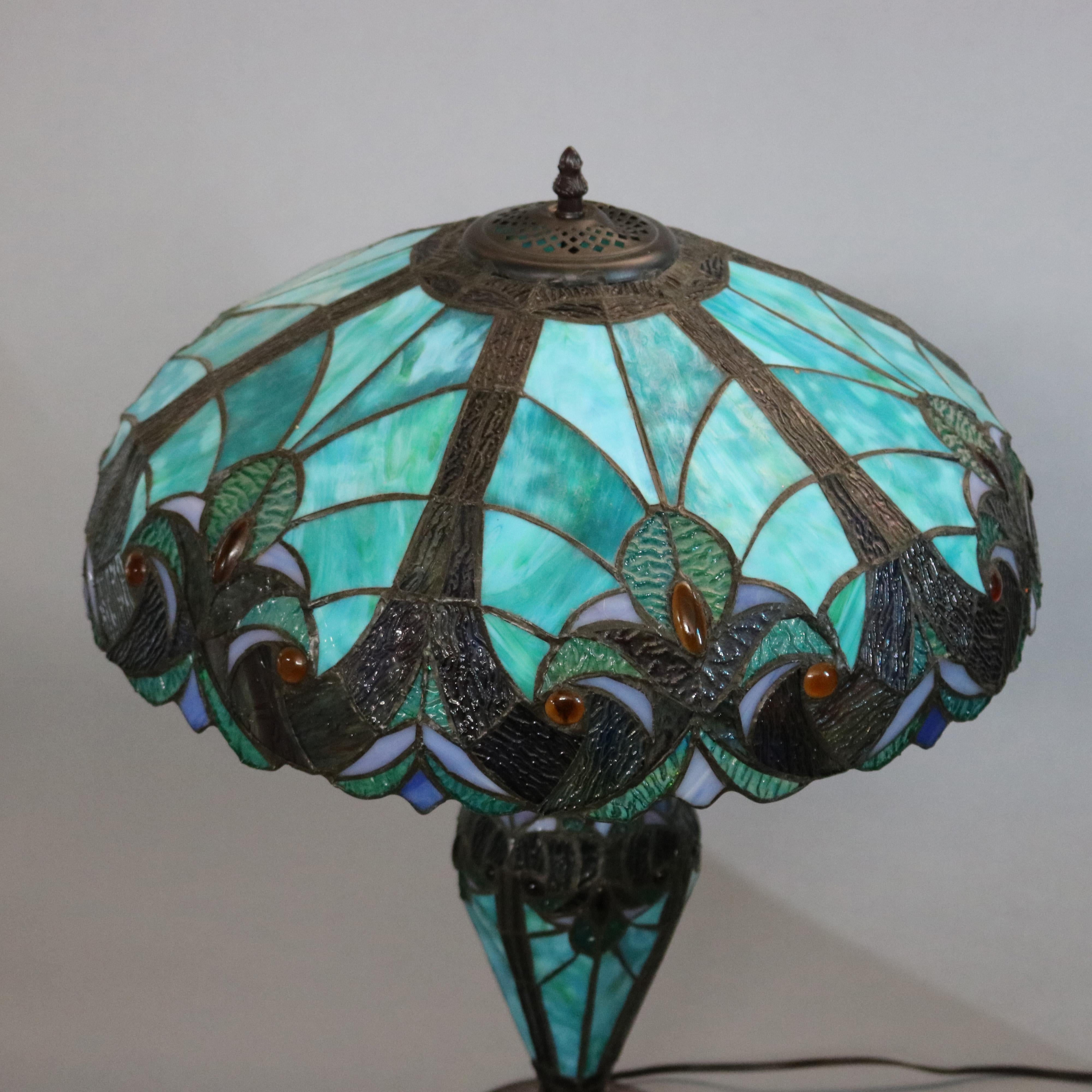 Arts and Crafts Vintage Arts & Crafts Leaded Slag and Jeweled Glass Tiffany Style Mosaic Lamp