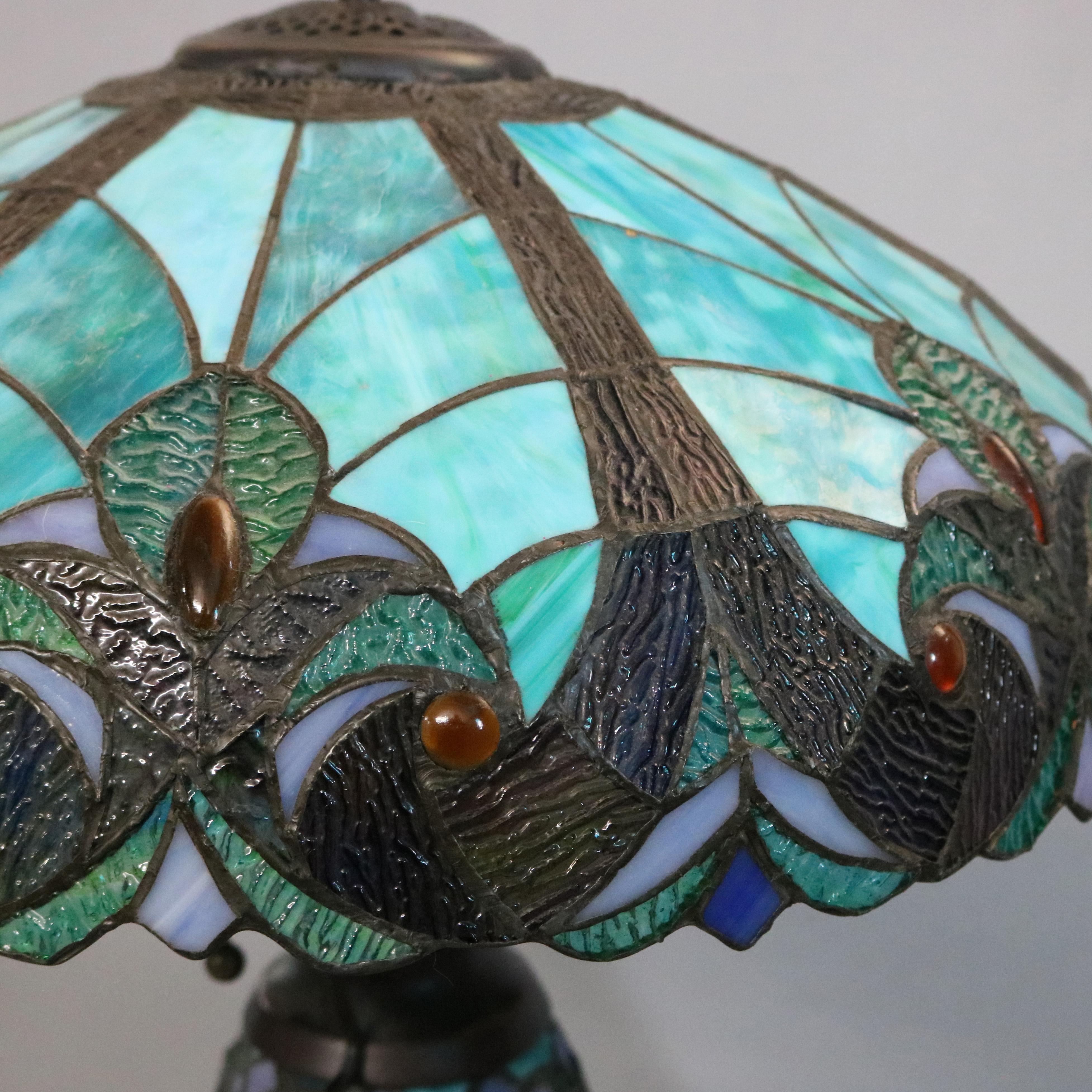 American Vintage Arts & Crafts Leaded Slag and Jeweled Glass Tiffany Style Mosaic Lamp