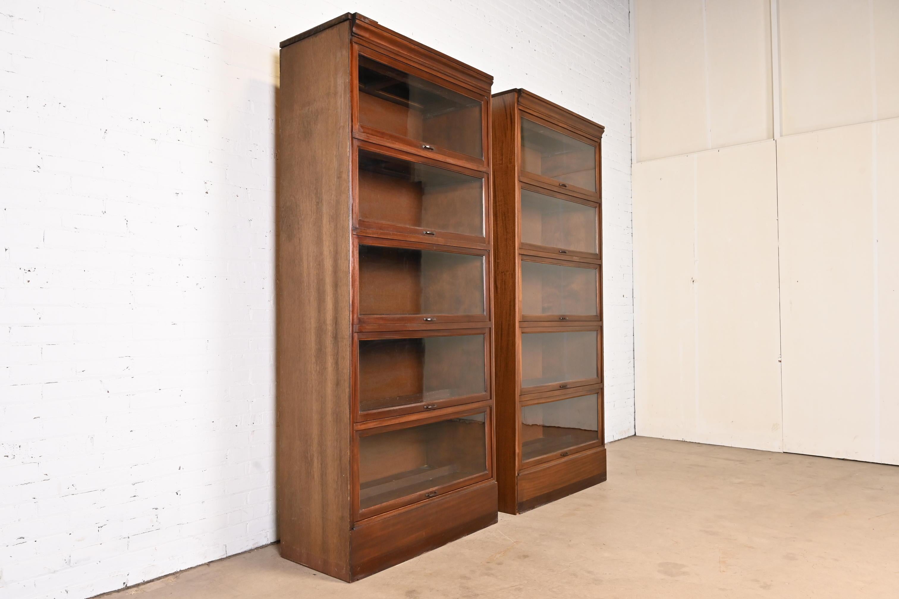 American Vintage Arts & Crafts Mahogany Large Five-Stack Barrister Bookcases, Pair For Sale
