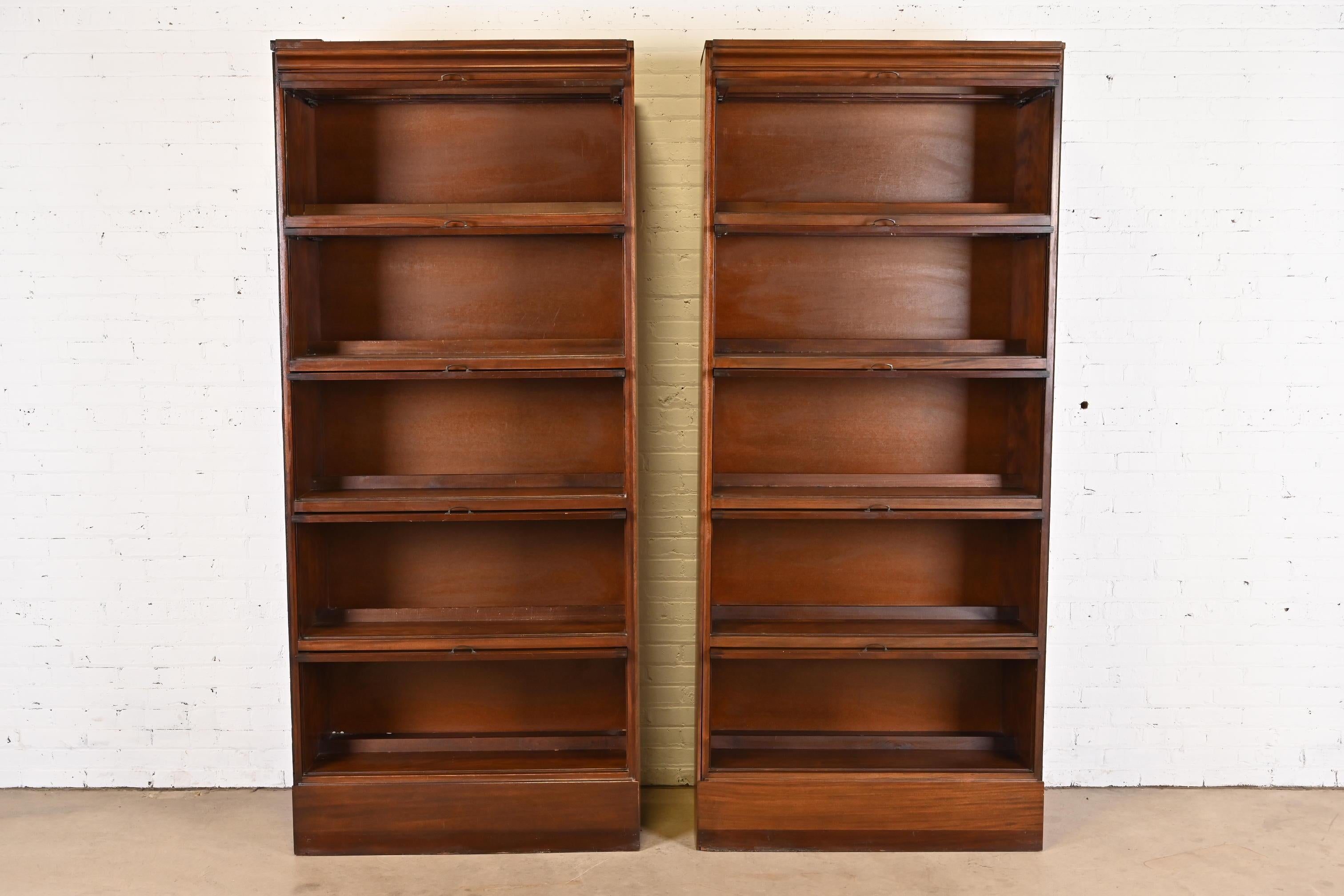 Vintage Arts & Crafts Mahogany Large Five-Stack Barrister Bookcases, Pair In Good Condition For Sale In South Bend, IN