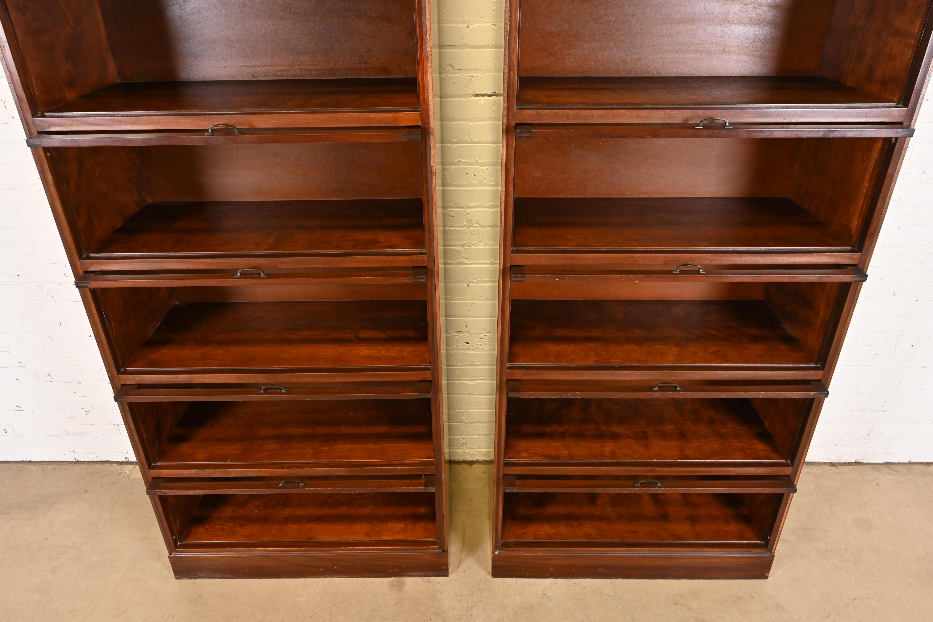 Brass Vintage Arts & Crafts Mahogany Large Six-Stack Barrister Bookcases, Pair