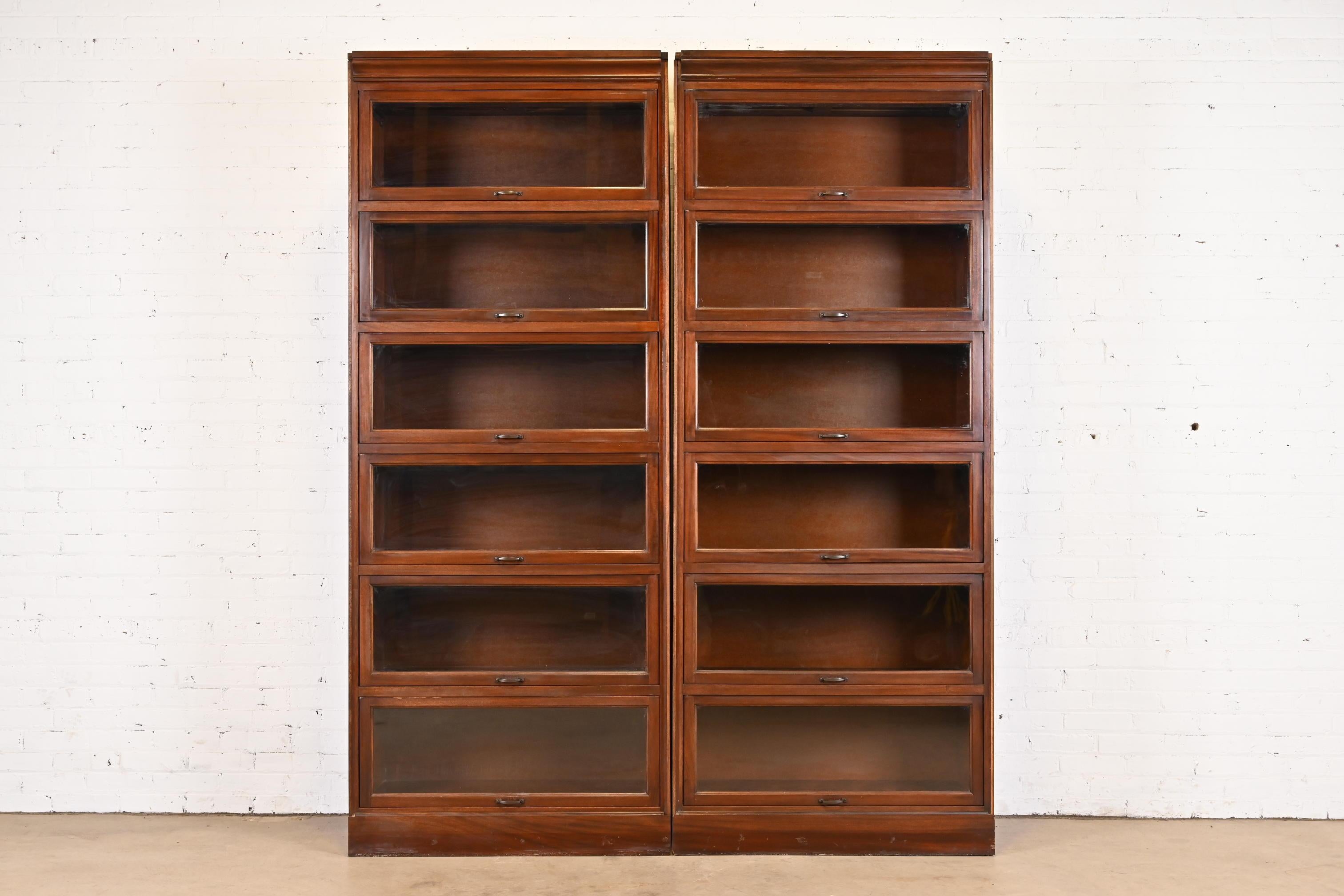 Vintage Arts & Crafts Mahogany Large Six-Stack Barrister Bookcases, Pair For Sale 2