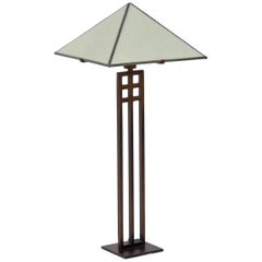 Vintage Arts & Crafts Movement Cut Steel Slag Glass Table Lamp, 20th Century