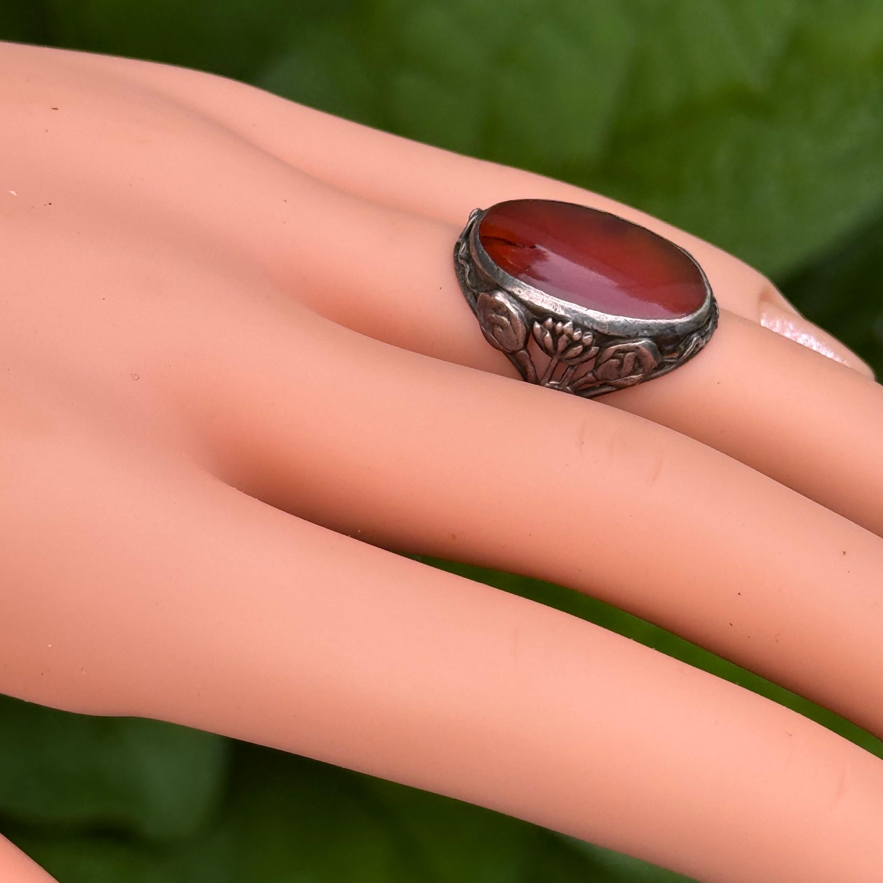 Vintage Arts & Crafts Nouveau Argent Sterling Carnelian  Bague en vente 4