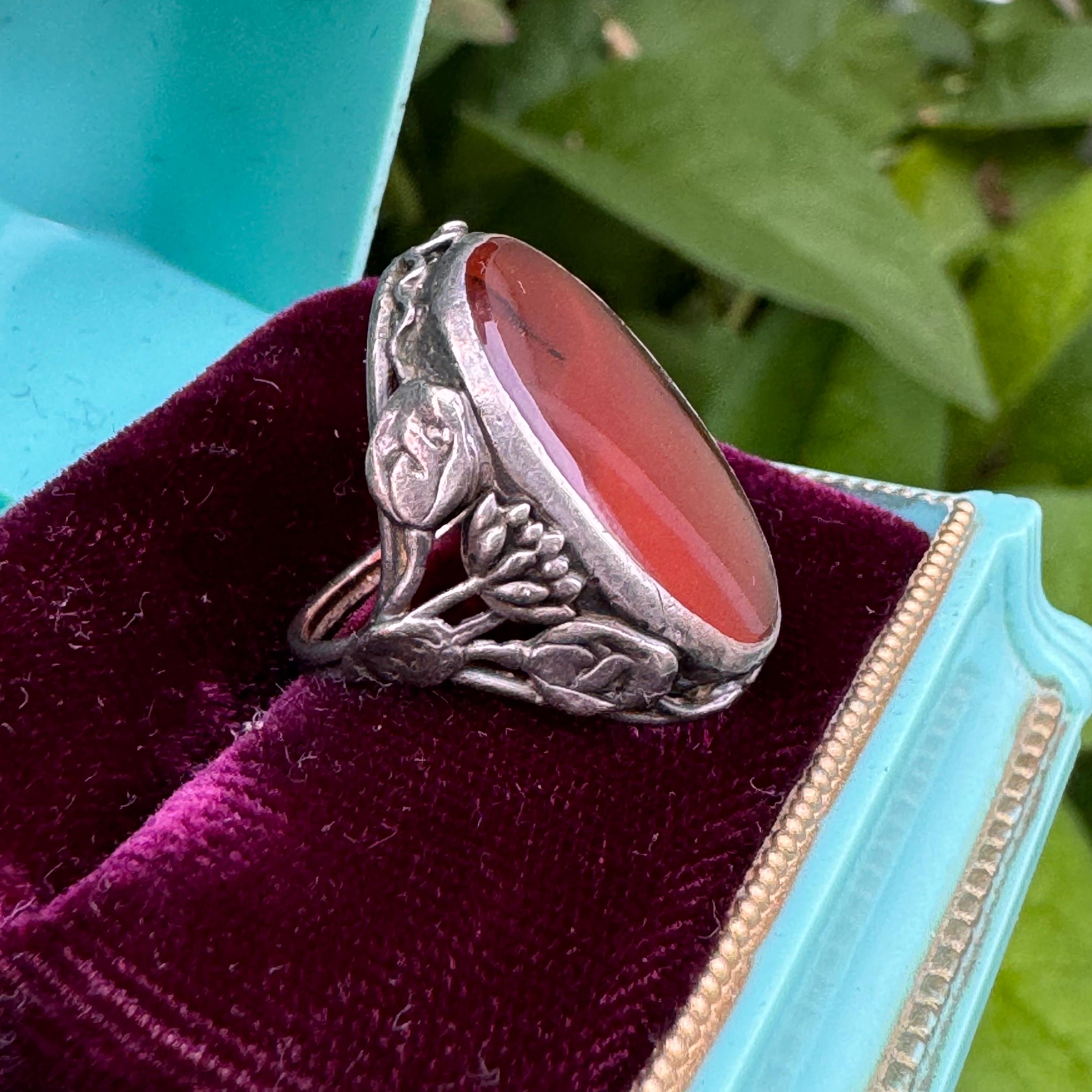 Taille cabochon Vintage Arts & Crafts Nouveau Argent Sterling Carnelian  Bague en vente