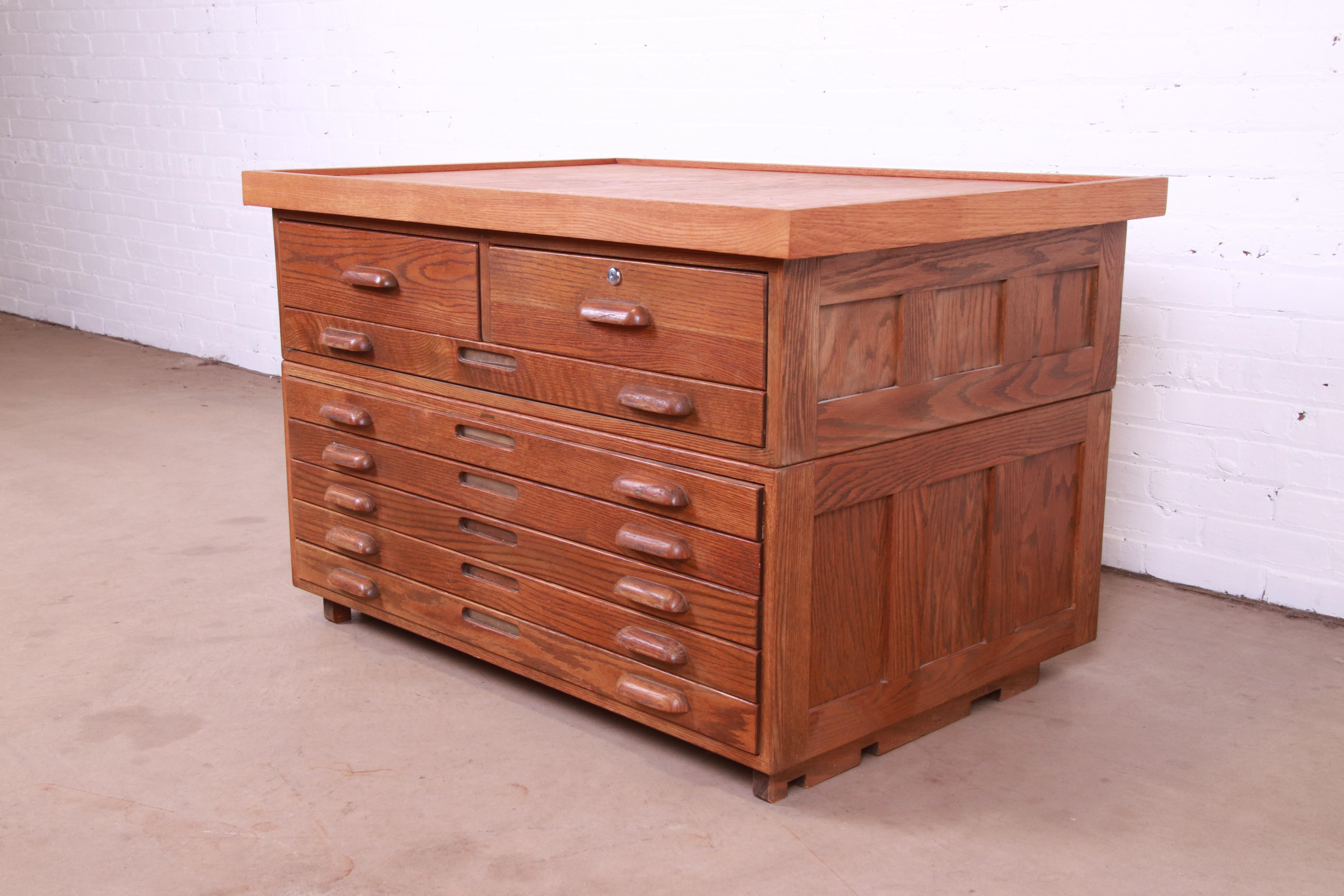 An exceptional Arts & Crafts style oak architect's blueprint or map flat file cabinet

Recently procured from Frank Lloyd Wright's DeRhodes House. We discovered the original blueprints for the house in this cabinet, hand-drawn by Frank Lloyd