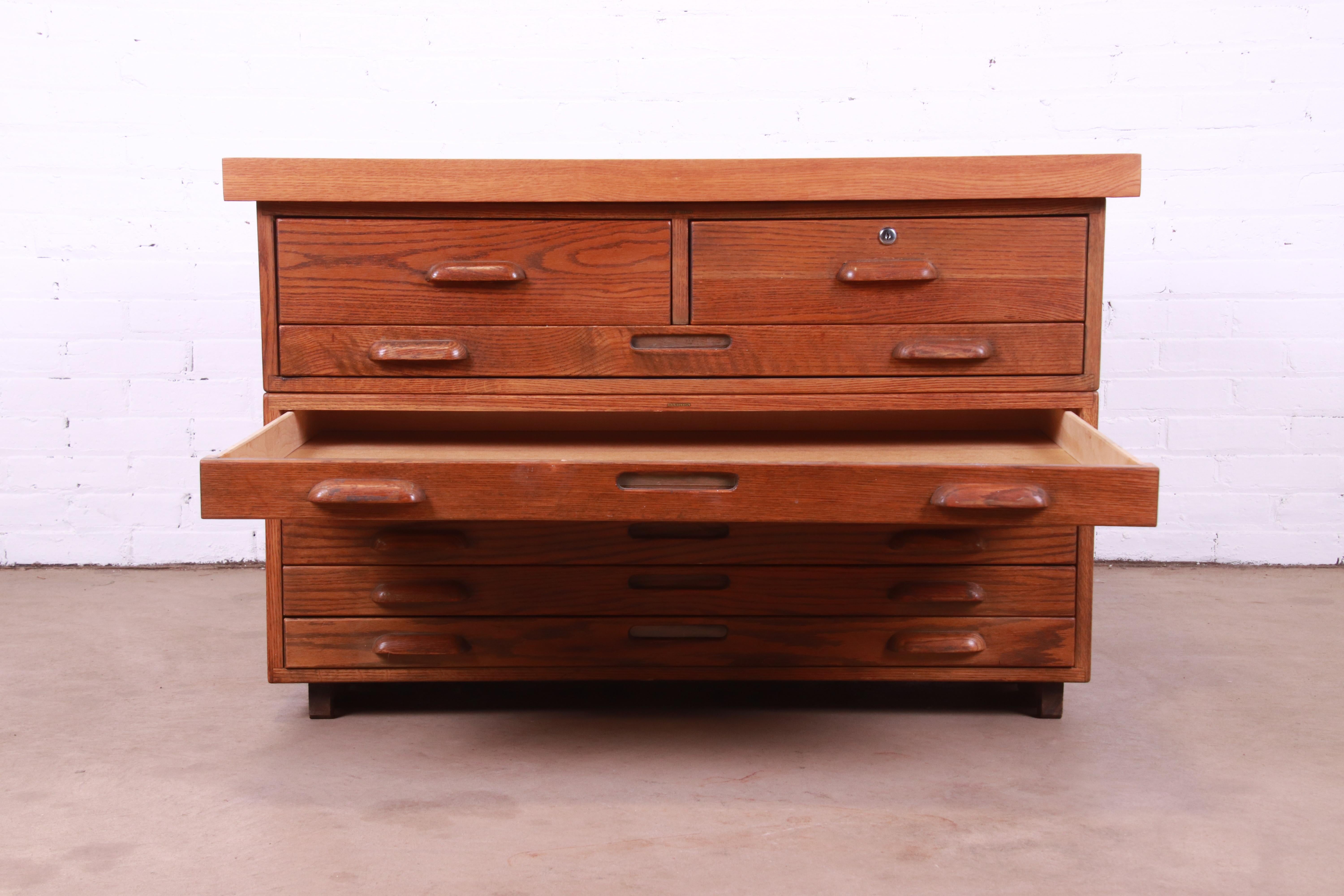 Vintage Arts & Crafts Oak Architect's Blueprint Flat File Cabinet by Hamilton 1