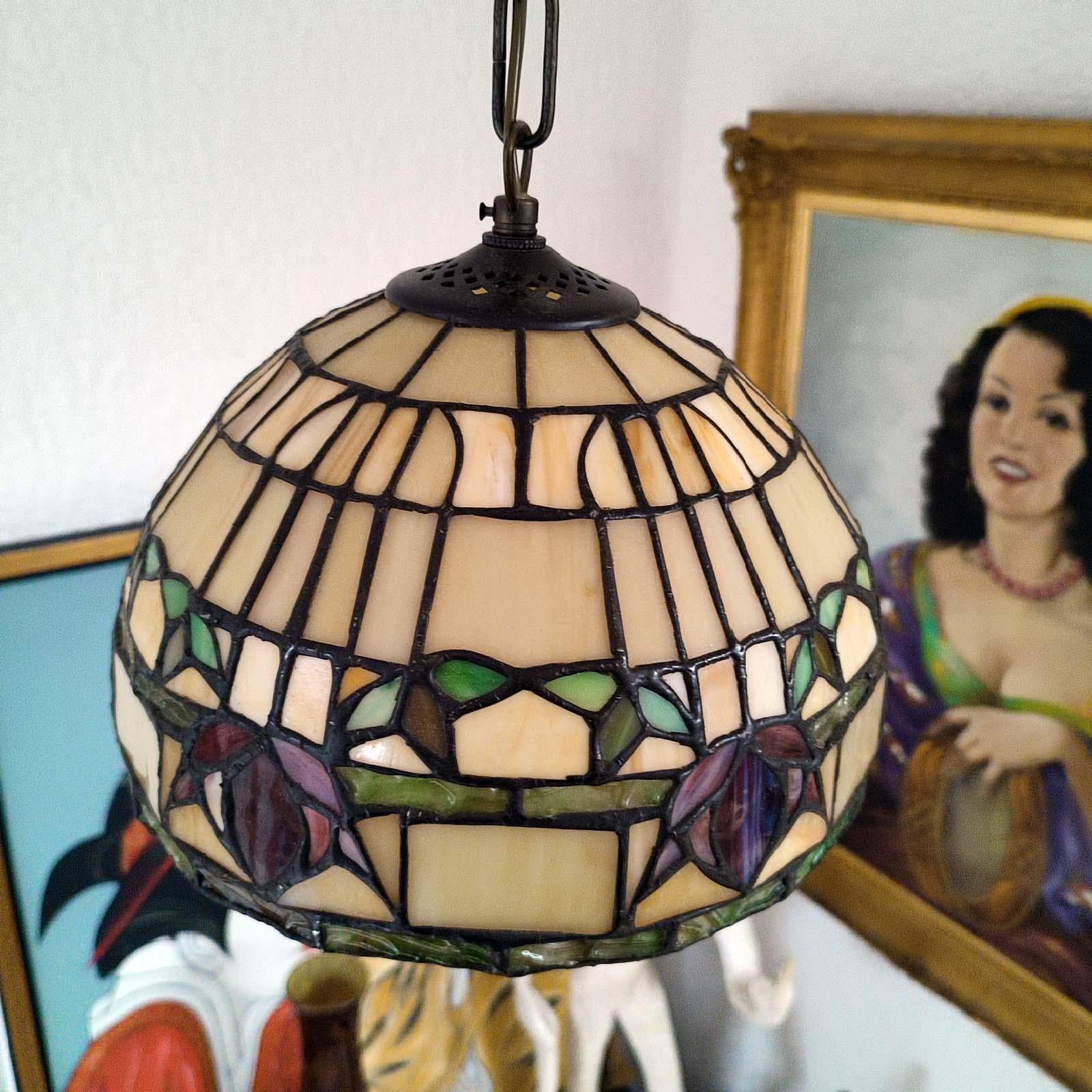 Vintage Arts & Crafts Pendant Light, Tiffany Style Fixture 2