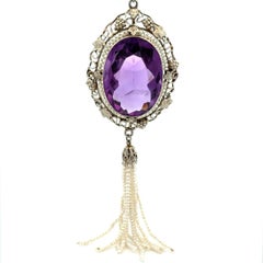 Vintage Arts and Crafts 45 Carat Amethyst Seed Pearl Gold Drop Necklace