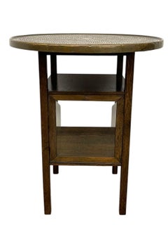 Vintage Arts & Crafts Side Table with Hammered Brass Tray Top and Glass Display
