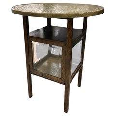 Vintage Arts & Crafts Side Table with Hammered Brass Tray Top and Glass Display