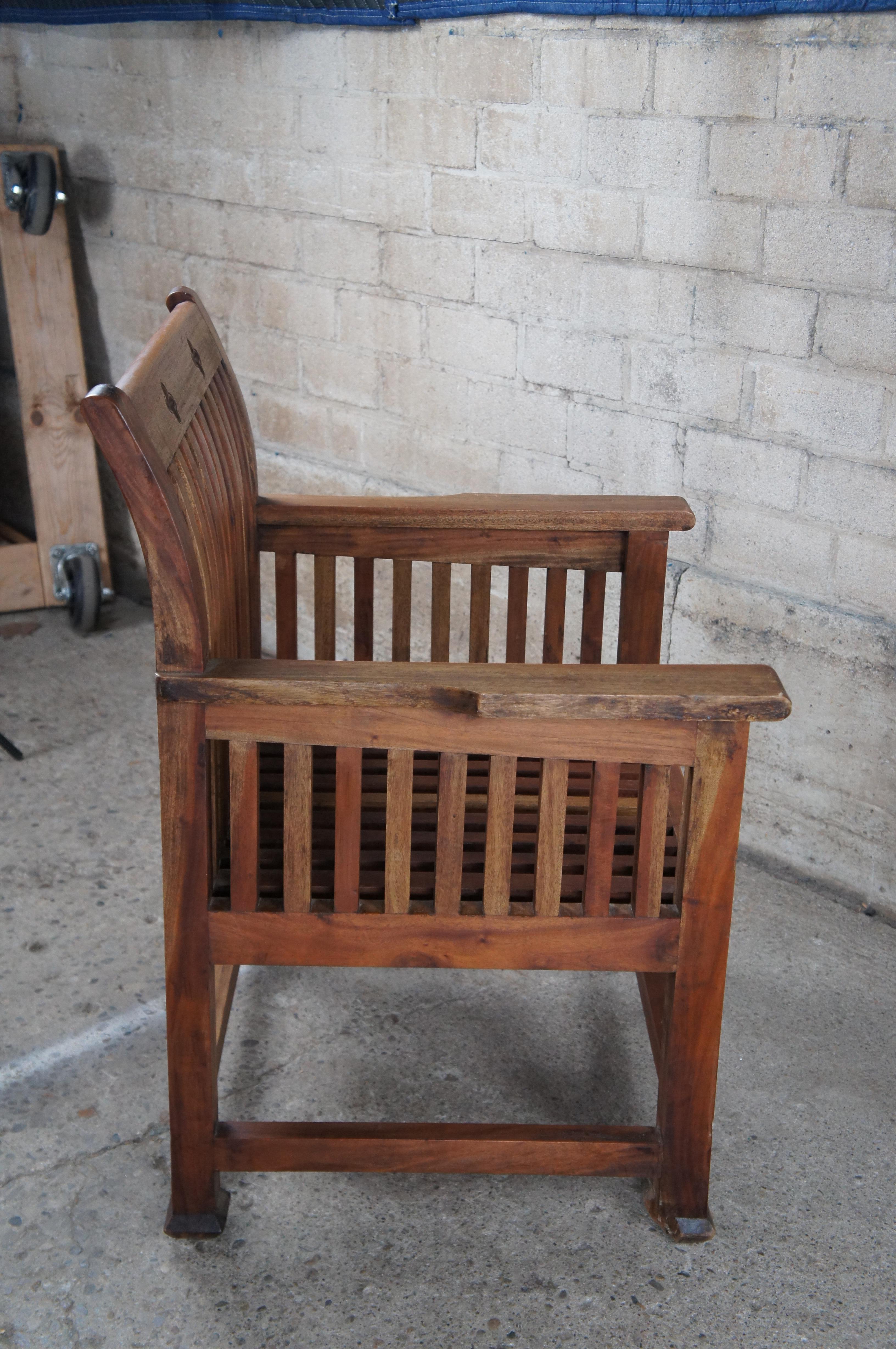 Vintage Arts & Crafts Solid Teak Carved Wood Slatted Spindled Arm Chair For Sale 5