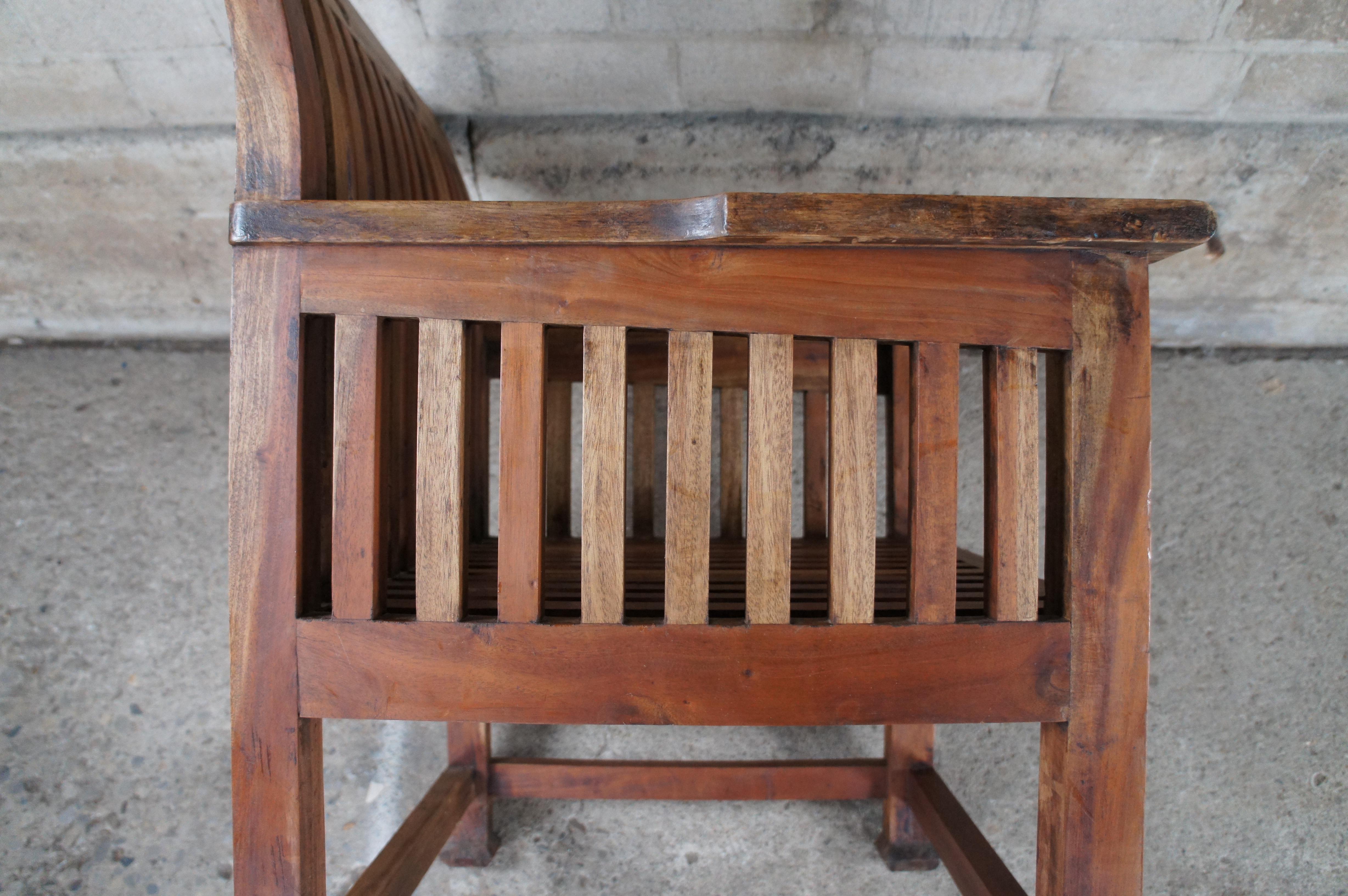 Vintage Arts & Crafts Solid Teak Carved Wood Slatted Spindled Arm Chair For Sale 7