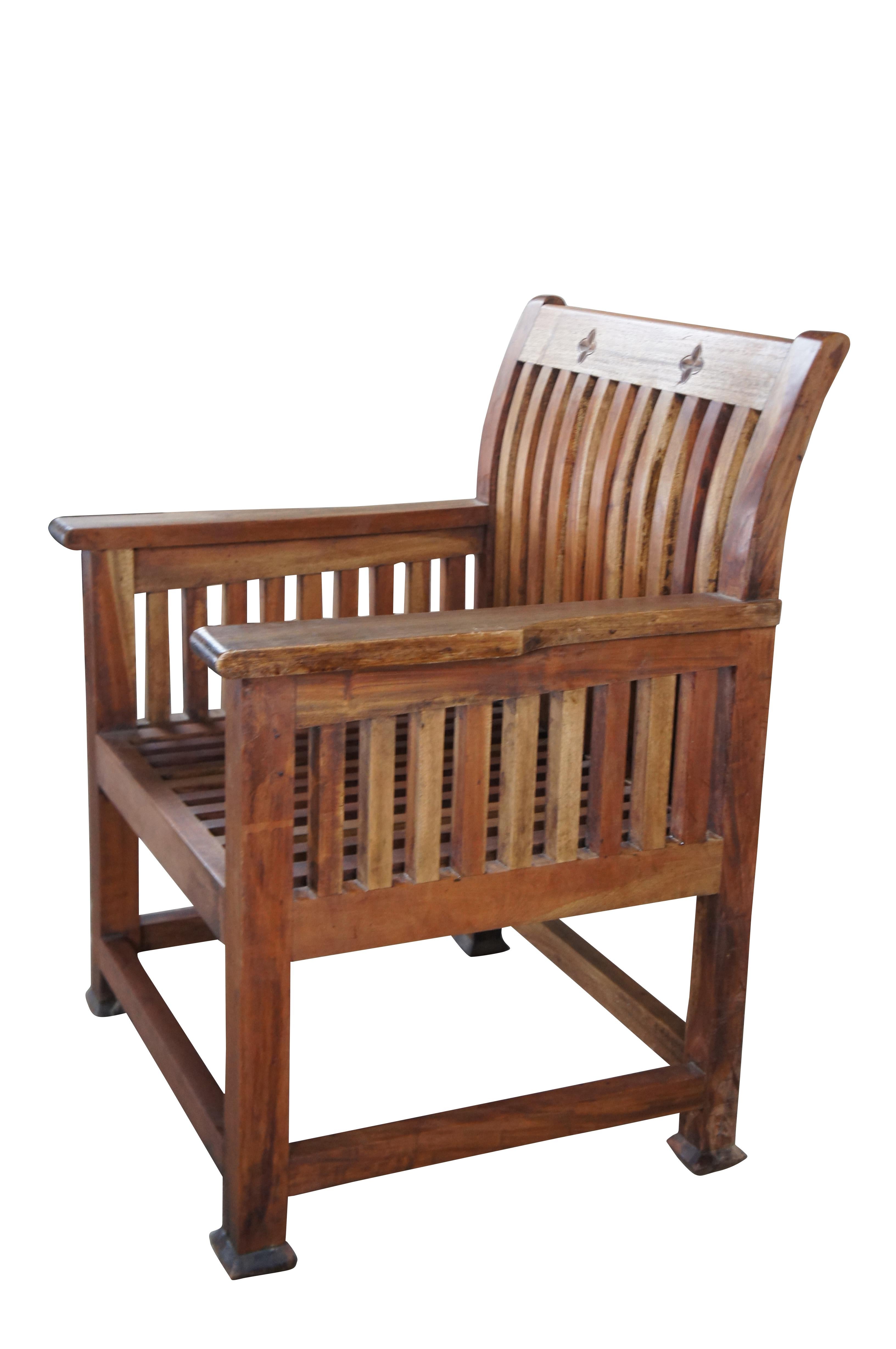Arts and Crafts Vintage Arts & Crafts Solid Teak Carved Wood Slatted Spindled Arm Chair For Sale