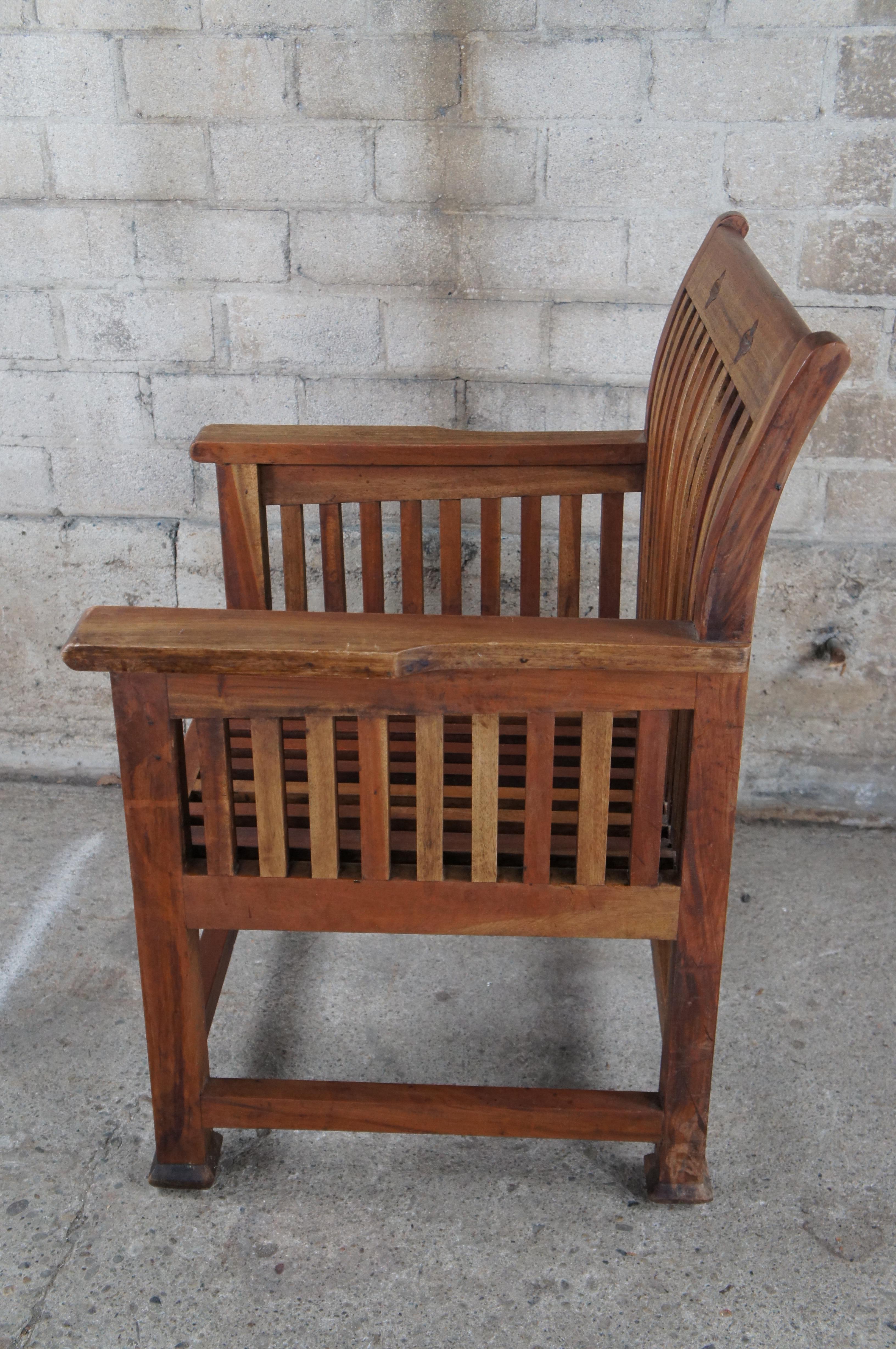 Vintage Arts & Crafts Solid Teak Carved Wood Slatted Spindled Arm Chair For Sale 1