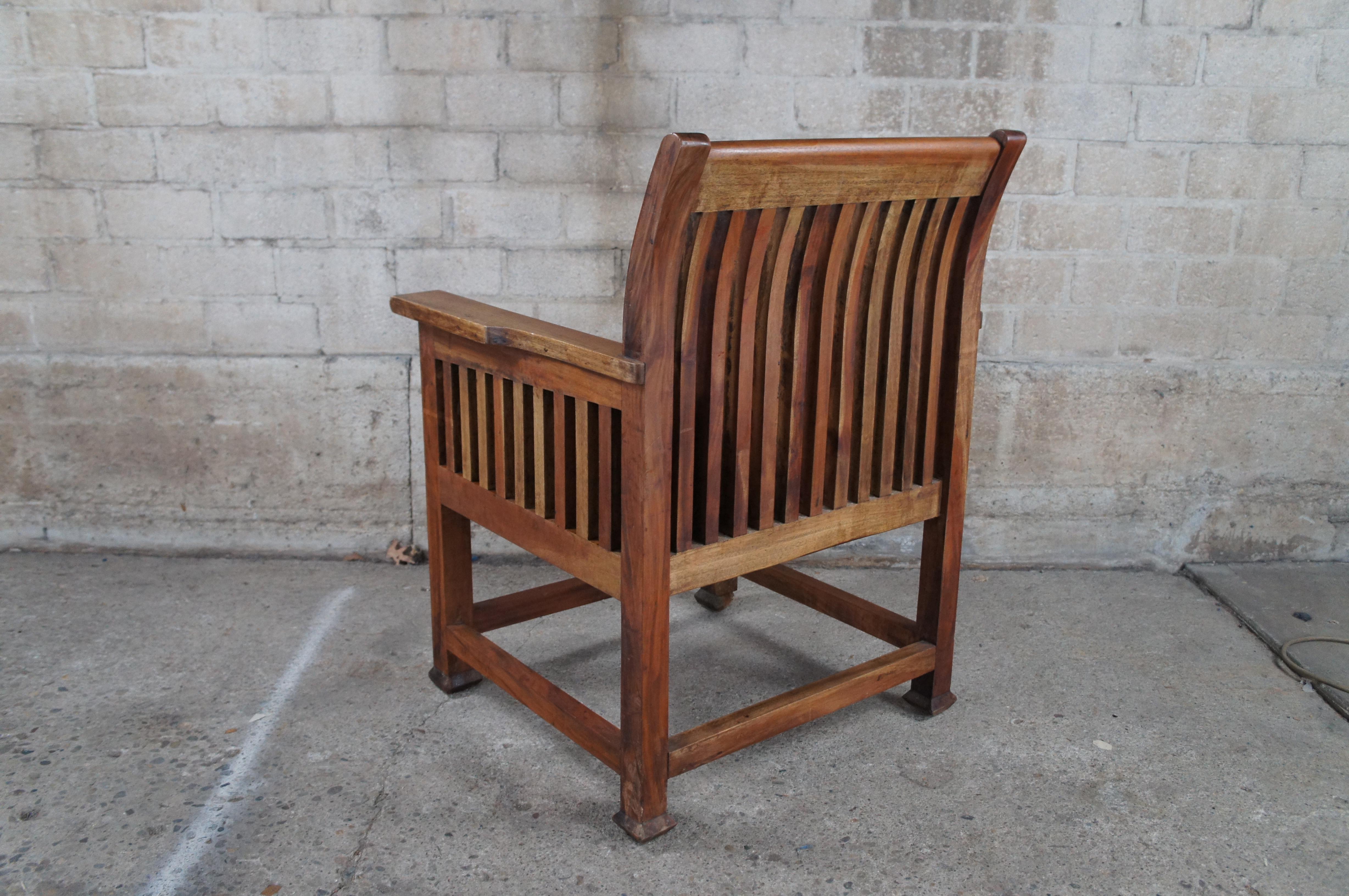 Vintage Arts & Crafts Solid Teak Carved Wood Slatted Spindled Arm Chair For Sale 2