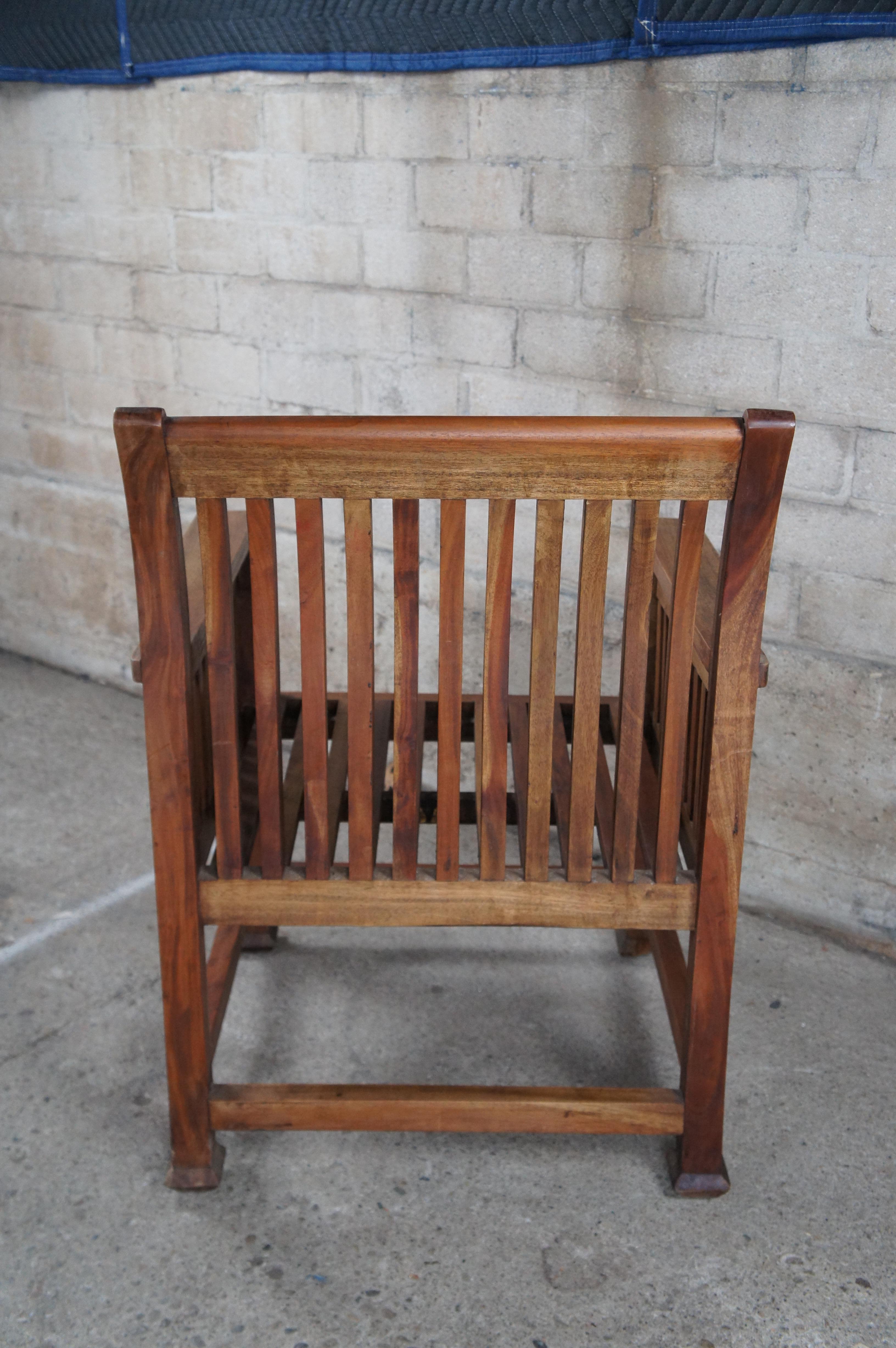 Vintage Arts & Crafts Solid Teak Carved Wood Slatted Spindled Arm Chair For Sale 3