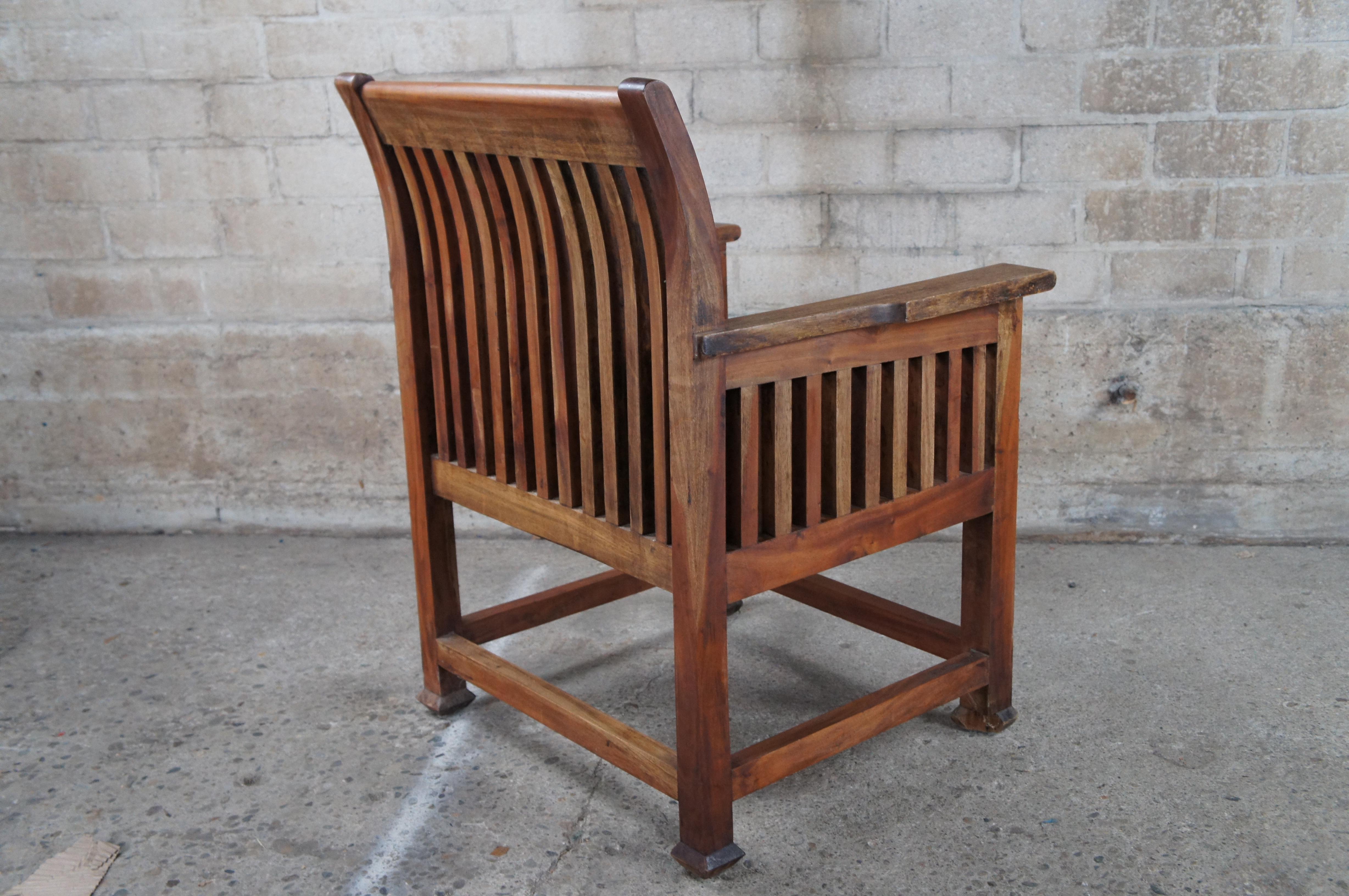 Vintage Arts & Crafts Solid Teak Carved Wood Slatted Spindled Arm Chair For Sale 4