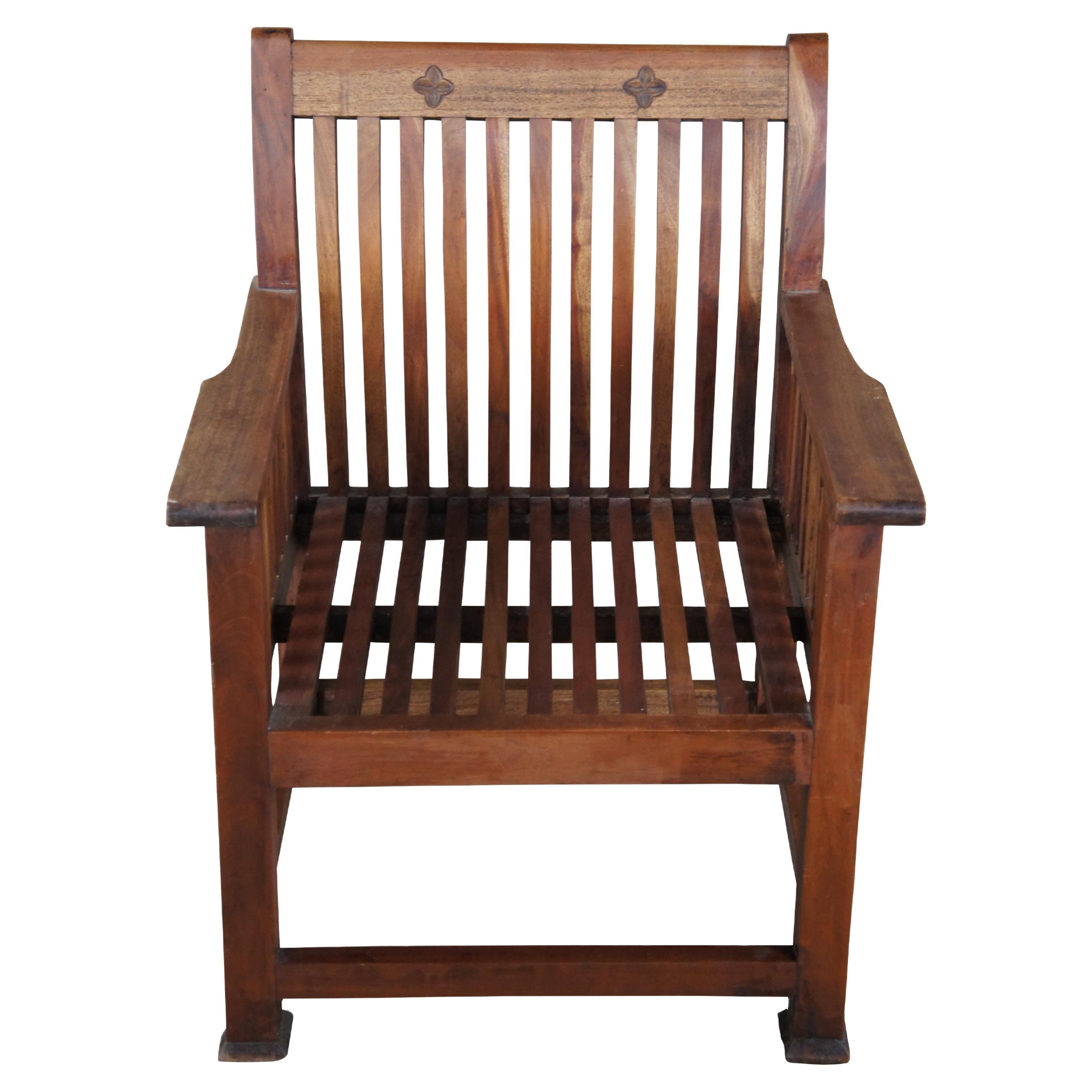 Vintage Arts & Crafts Solid Teak Carved Wood Slatted Spindled Arm Chair For Sale