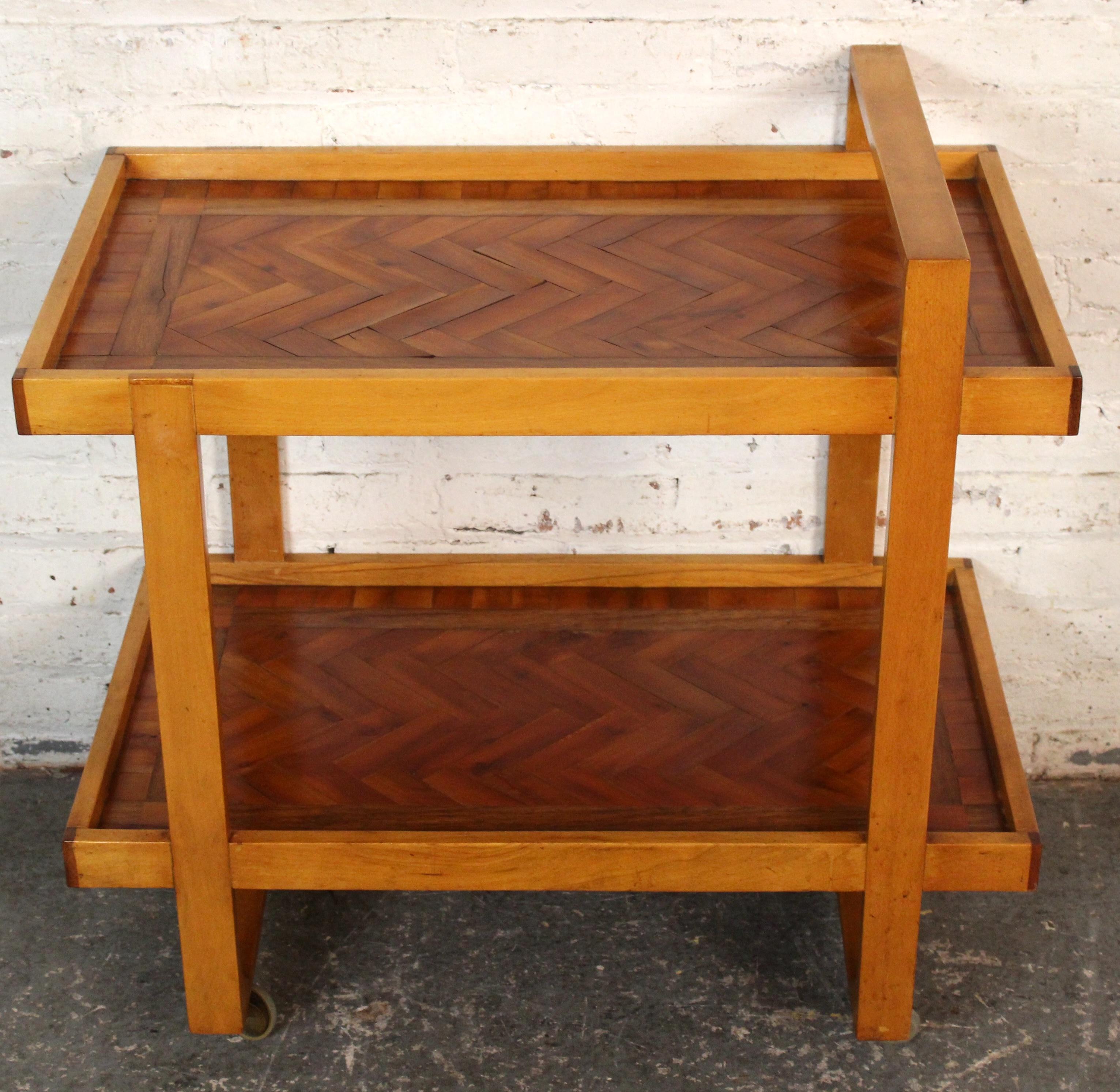 Mid-Century Modern Vintage Arts & Crafts Style Parquetry Bar Cart For Sale