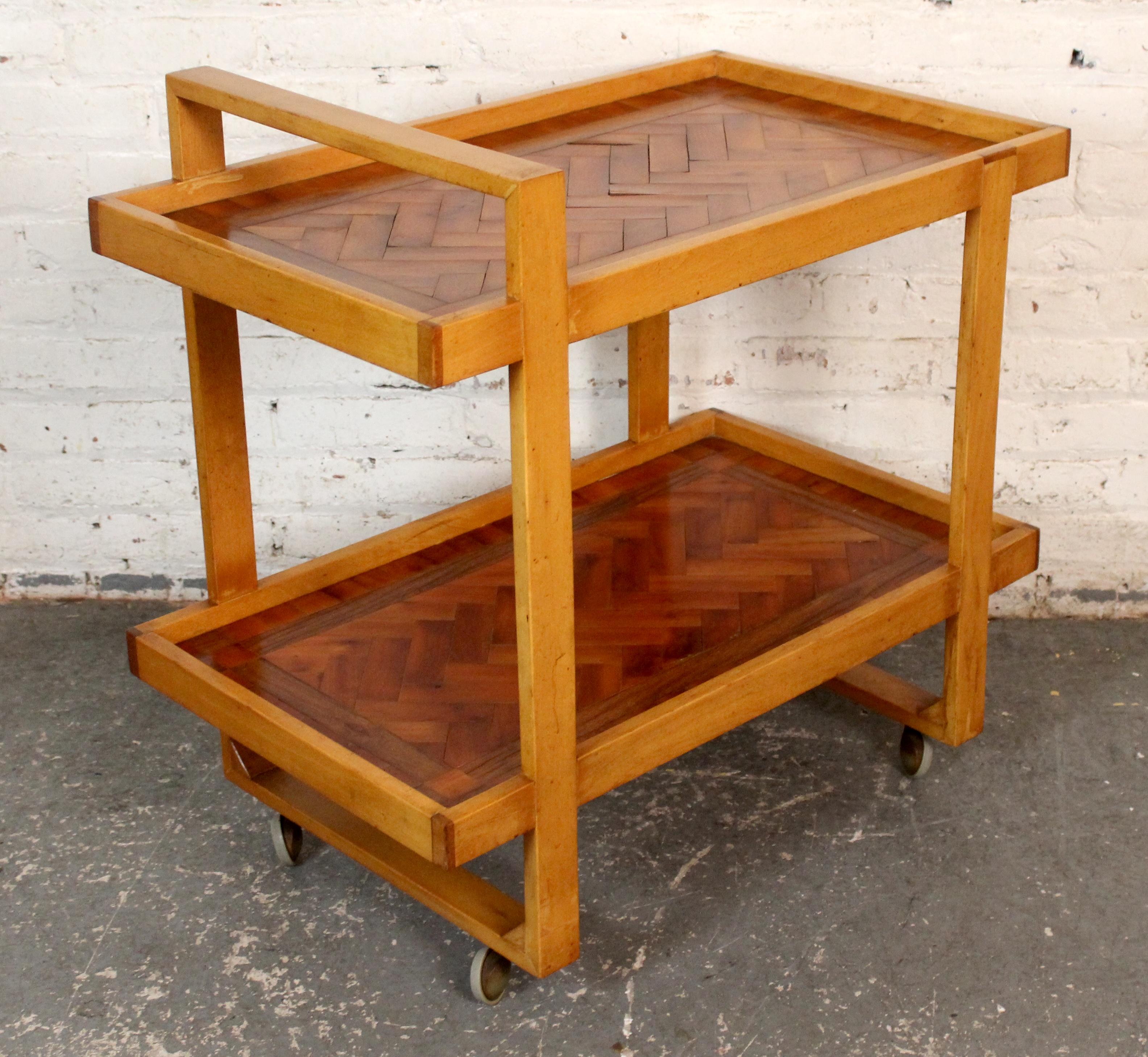 American Vintage Arts & Crafts Style Parquetry Bar Cart For Sale