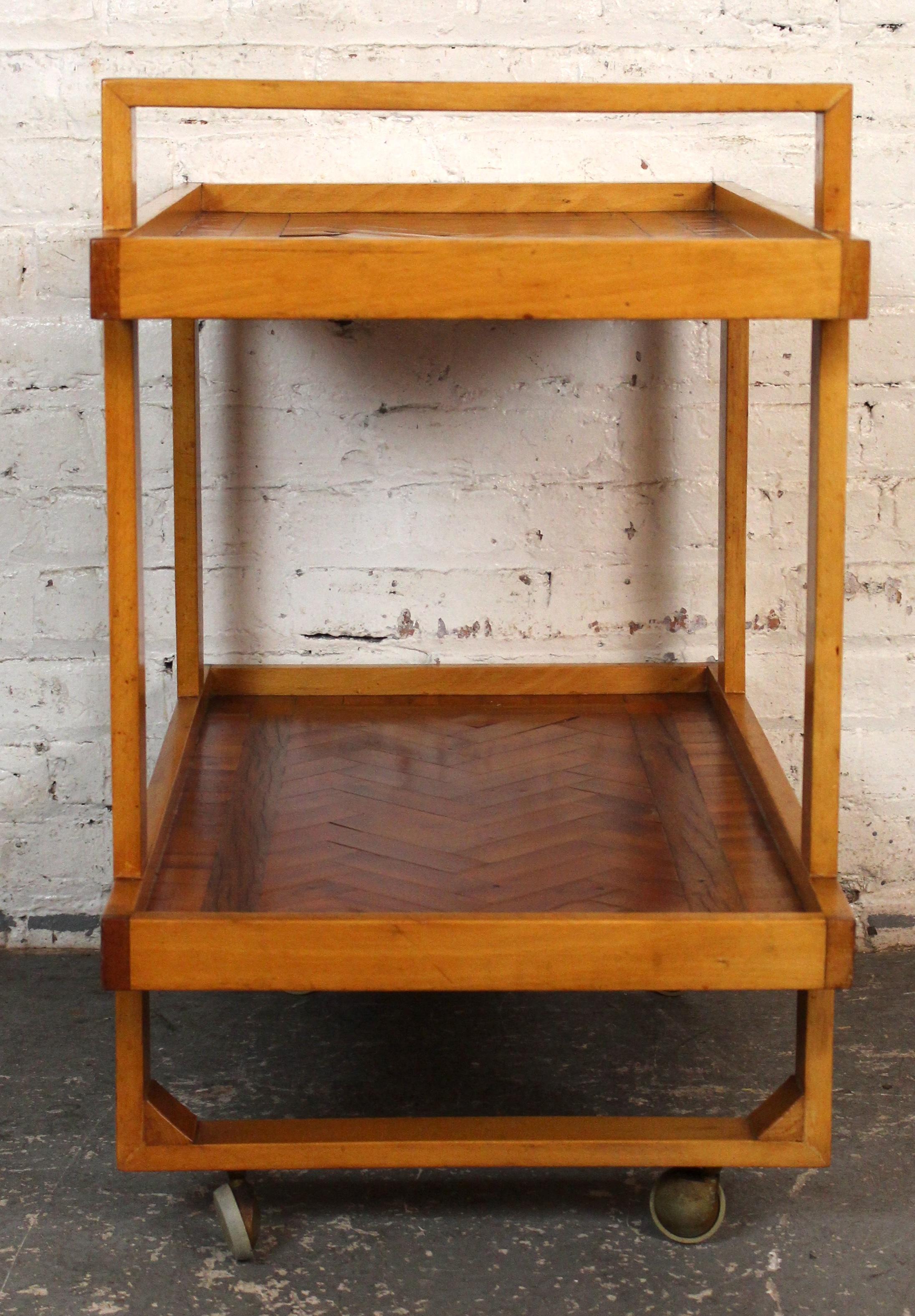 Vintage Arts & Crafts Style Parquetry Bar Cart In Good Condition For Sale In Brooklyn, NY