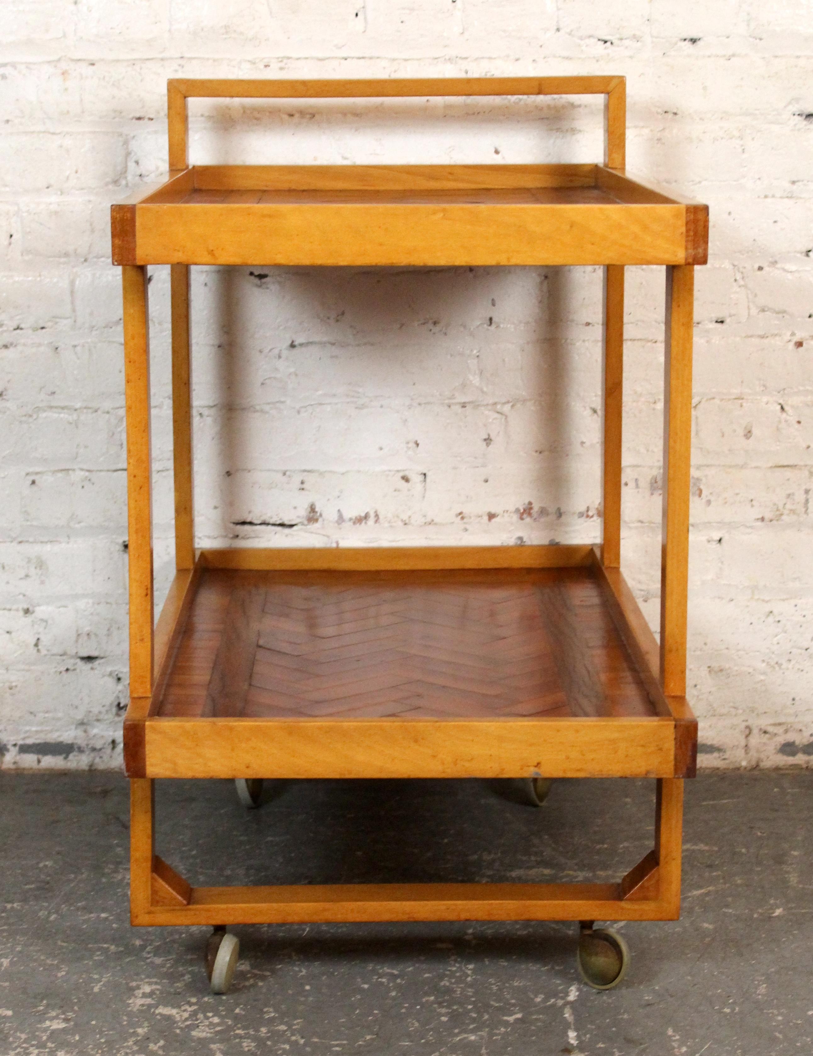 Wood Vintage Arts & Crafts Style Parquetry Bar Cart For Sale