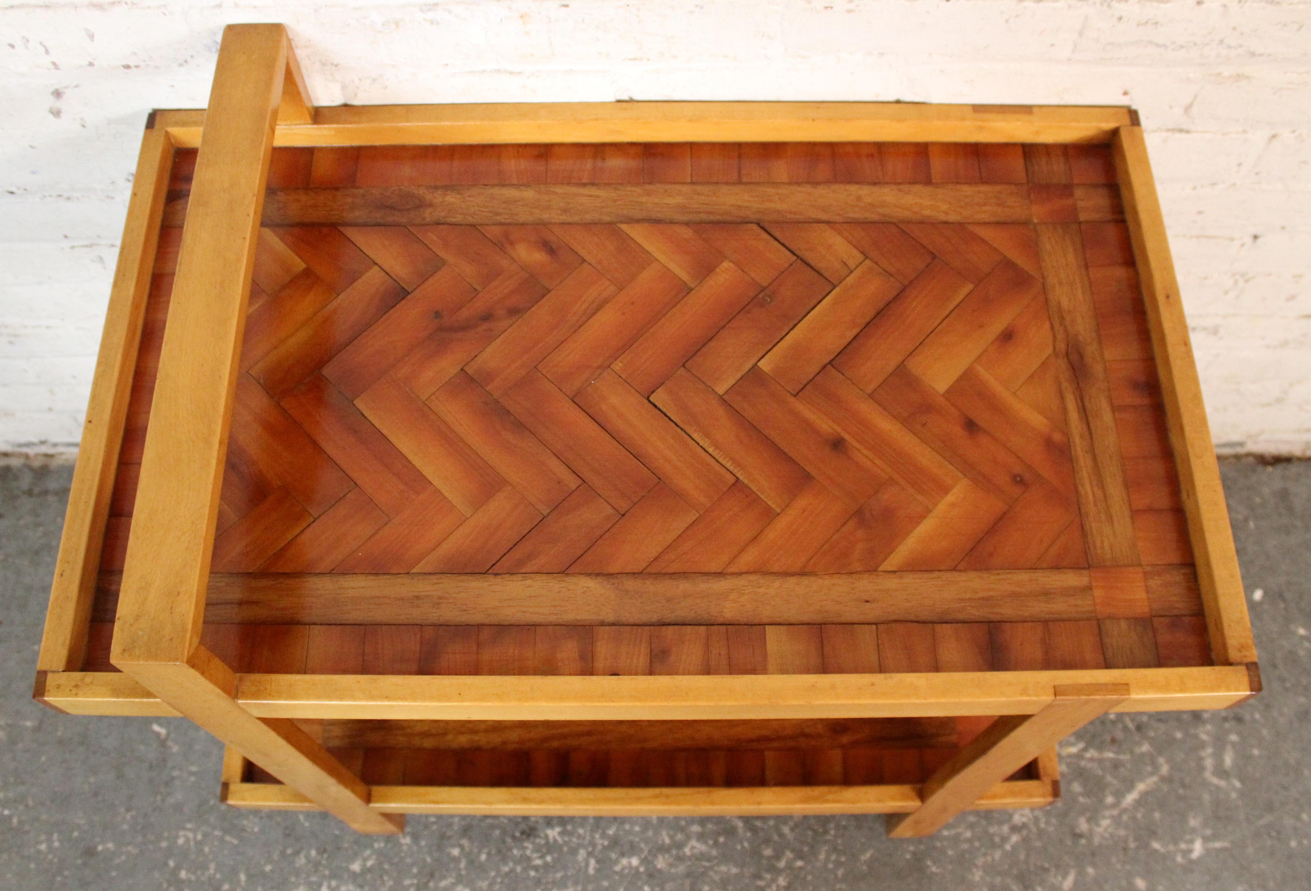 Vintage Arts & Crafts Style Parquetry Bar Cart For Sale 1