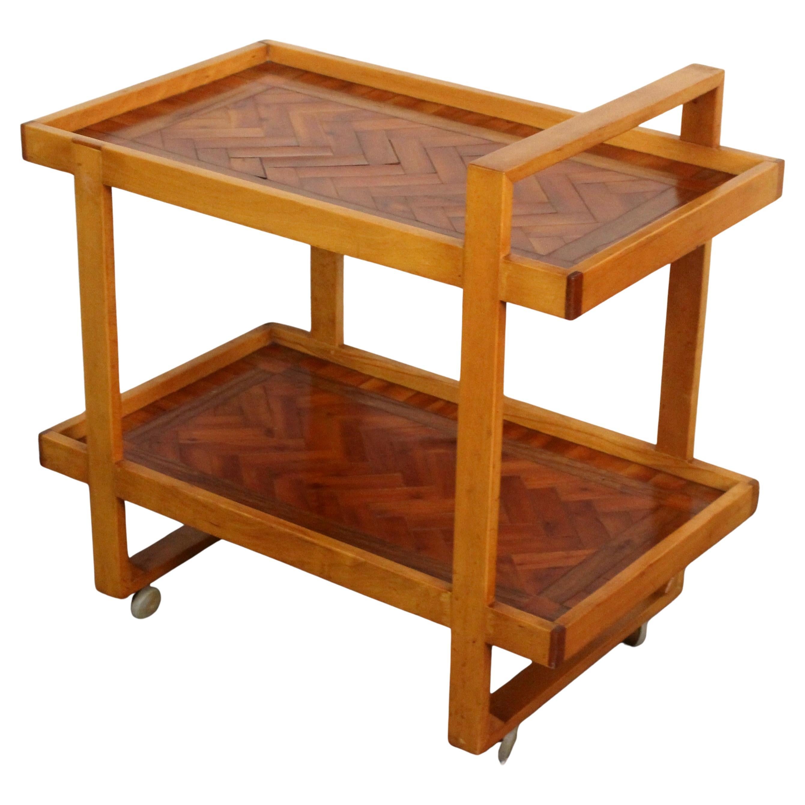 Vintage Arts & Crafts Style Parquetry Bar Cart For Sale