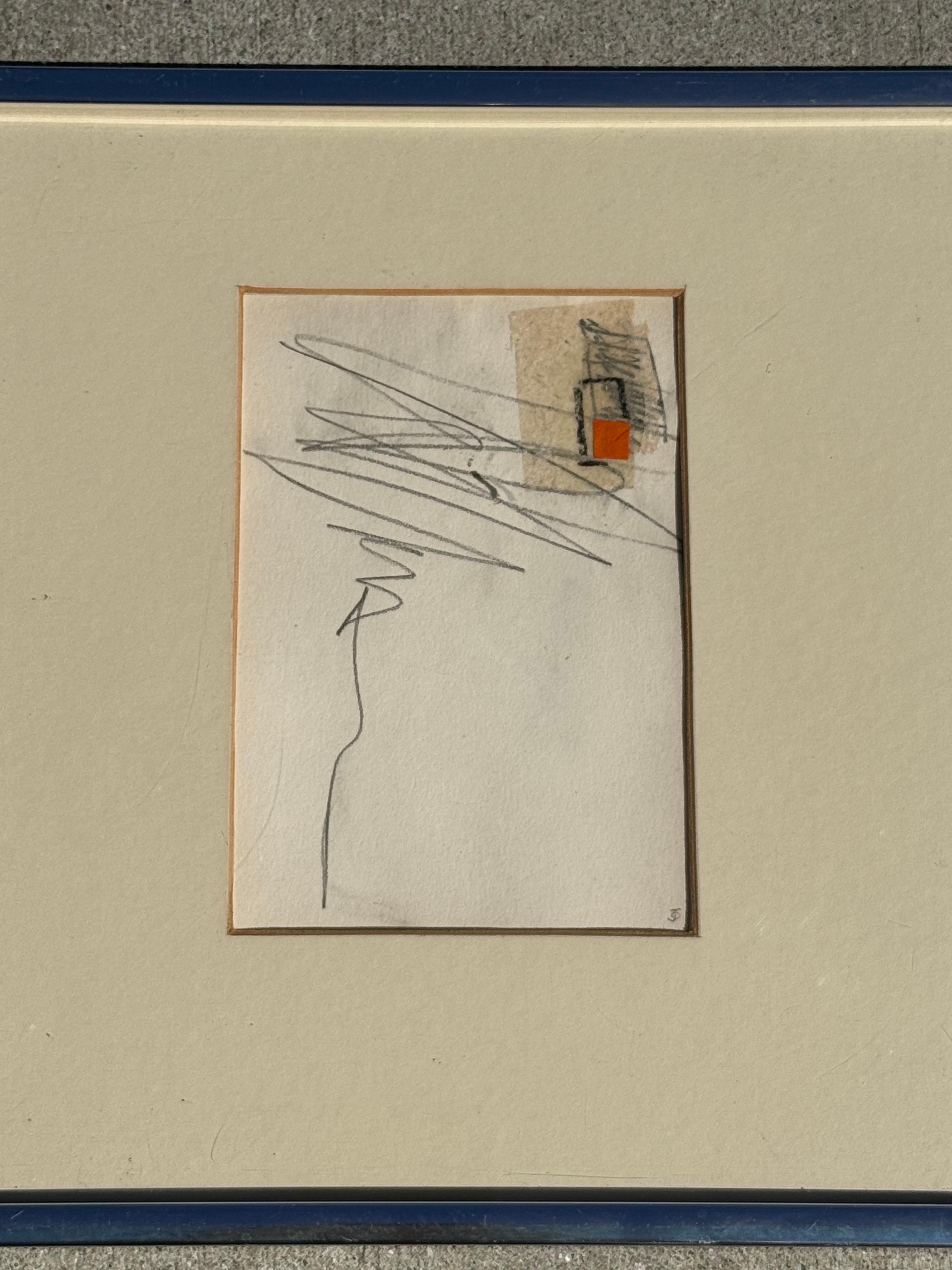 Kleinformatiges Vintage-Kunstwerk des Künstlers Jean Olds, ca. 1970er Jahre. Dieses Stück hat eine quadratische Form, eine neutrale Farbpalette und einen minimalistischen Ansatz. Der kleinste orangefarbene Farbtupfer befindet sich in der oberen