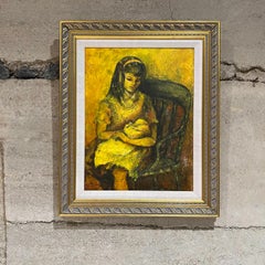 Vintage Artwork Painting Young Mother with Baby Signed Art