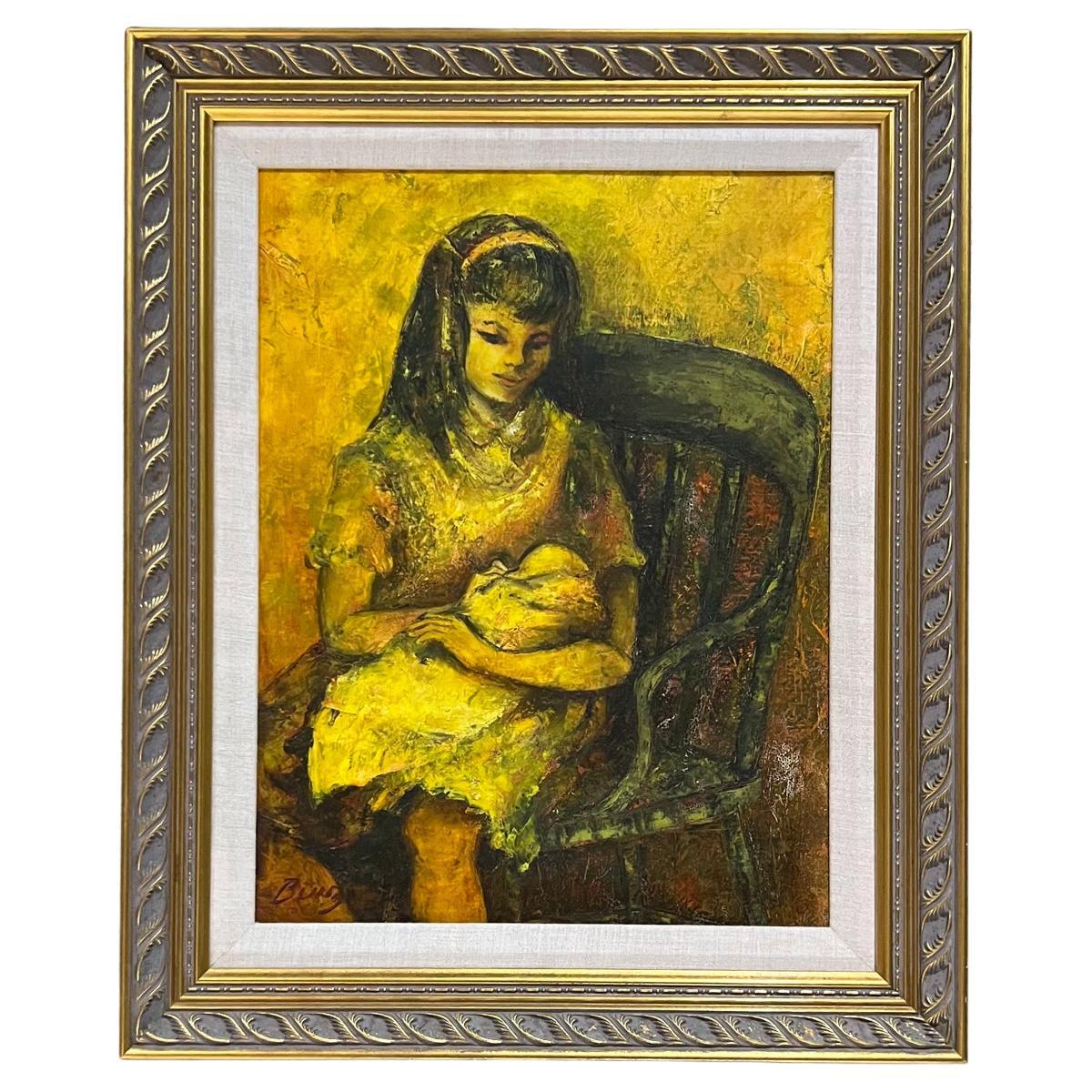 Œuvre d'art vintage - Peinture - Jeune mère avec bébé signée
