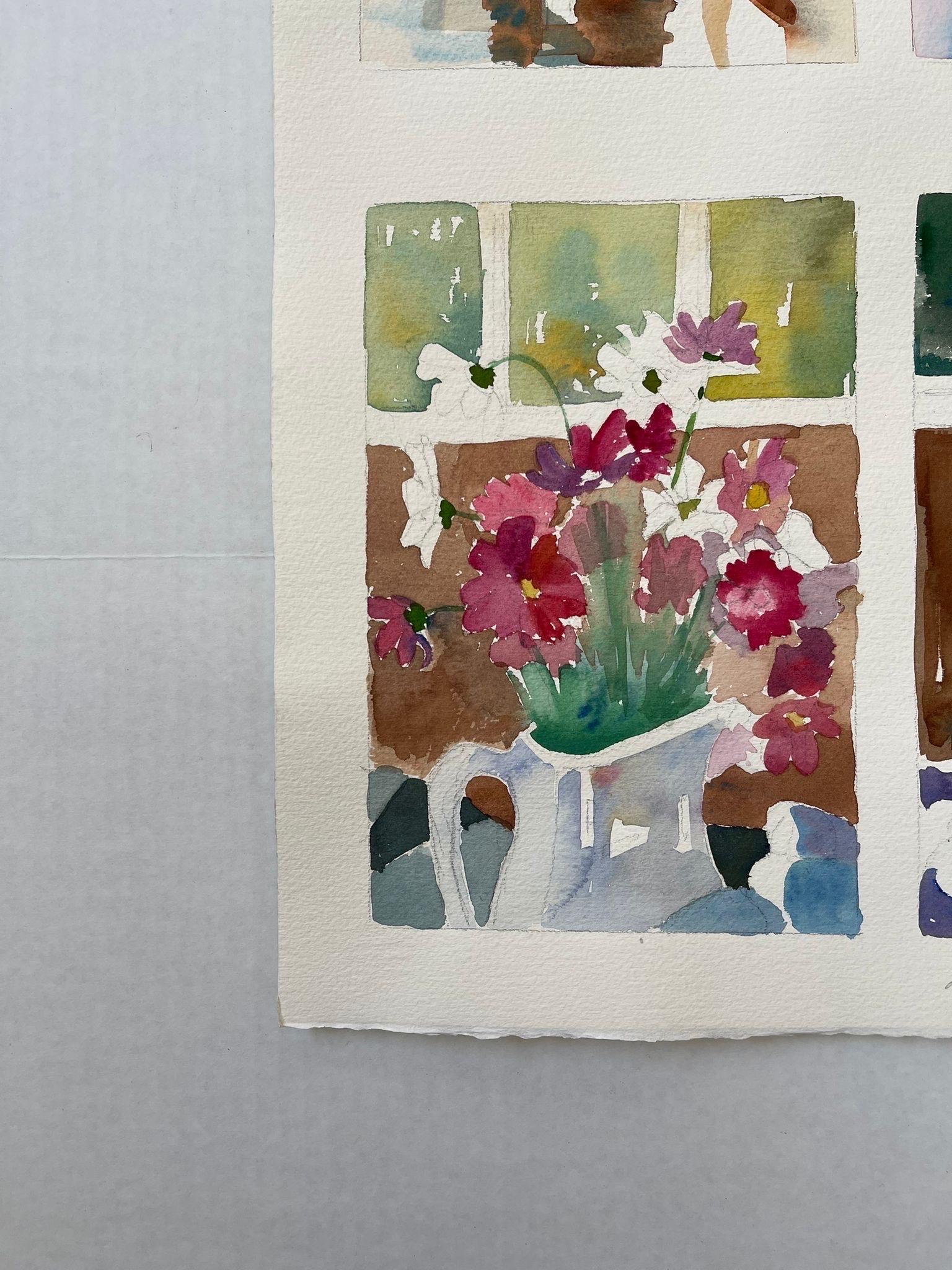 Late 20th Century Vintage Artwork Still-Life Study of Houses and Flowers on Paper For Sale